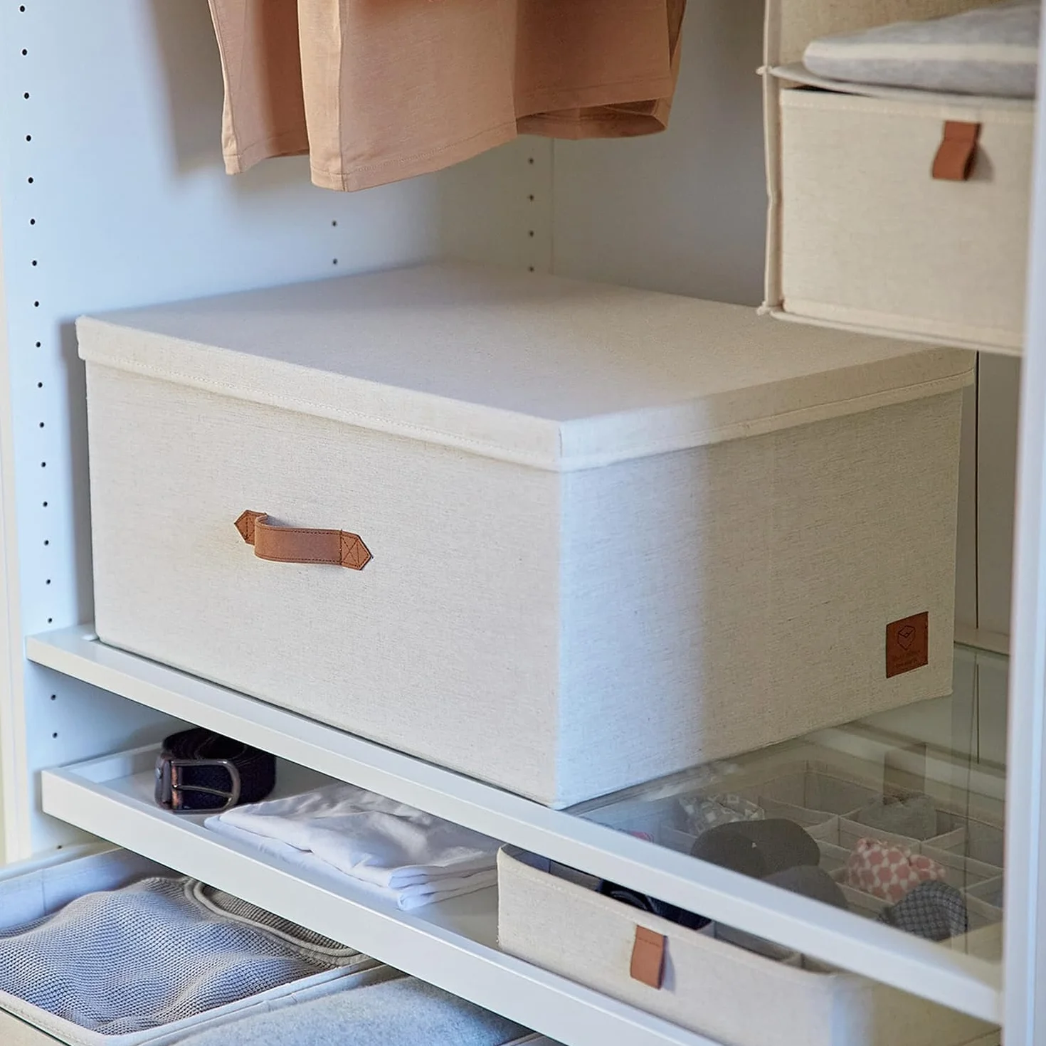 LOVE IT STORE IT Premium pudełko do przechowywania z pokrywką – z wysokiej jakości mieszanki lnu i bawełny – wzmocnione drewnem – bardzo duże i stabilne – beżowe – 54 x 40 x 25 cm