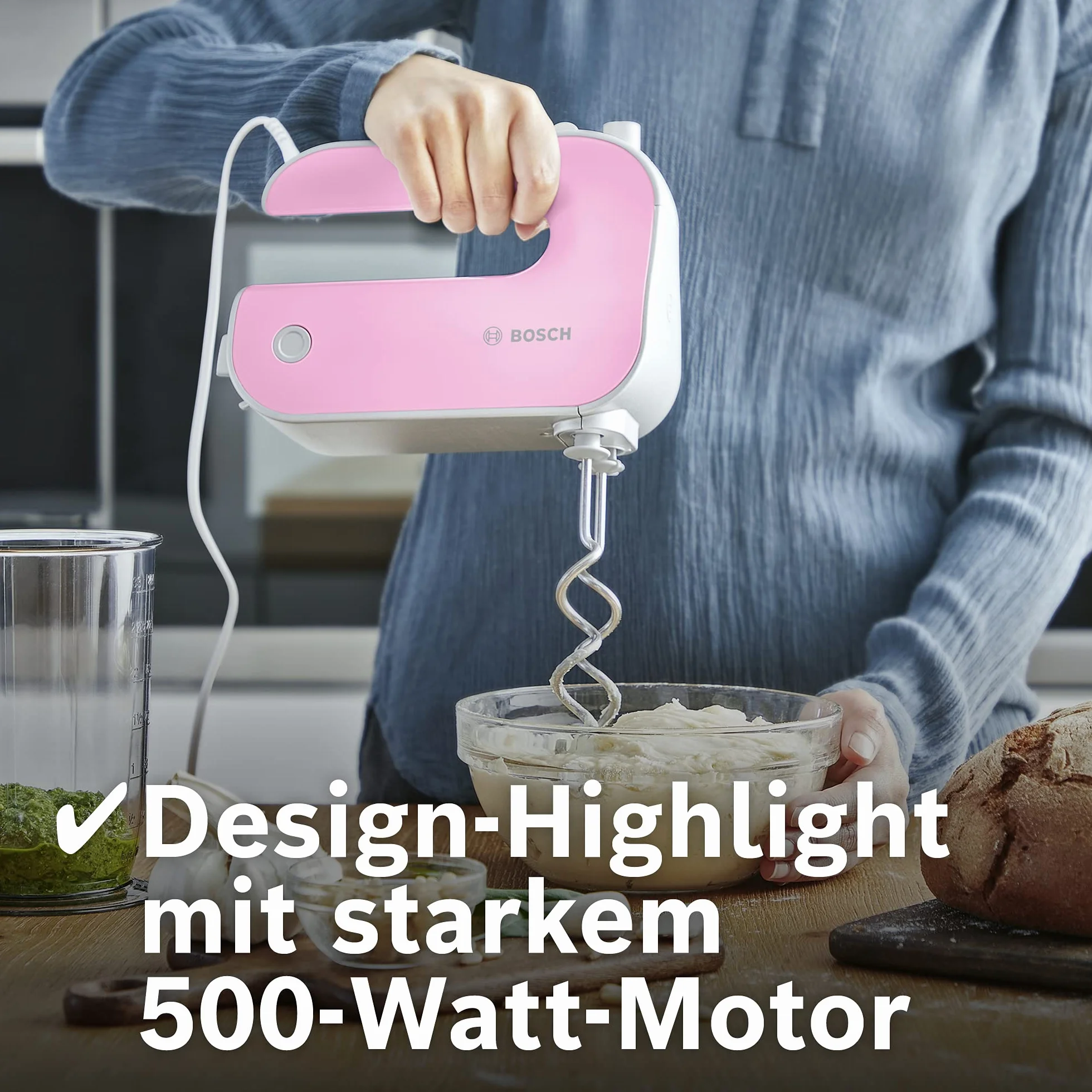 Bosch,Mikser Ręczny Styline Colour, 500 W, 5 prędkości + Turbo, FineCreamer, Haki do ciasta, Ergonomiczny uchwyt, MFQ4030K, różowy/srebrny