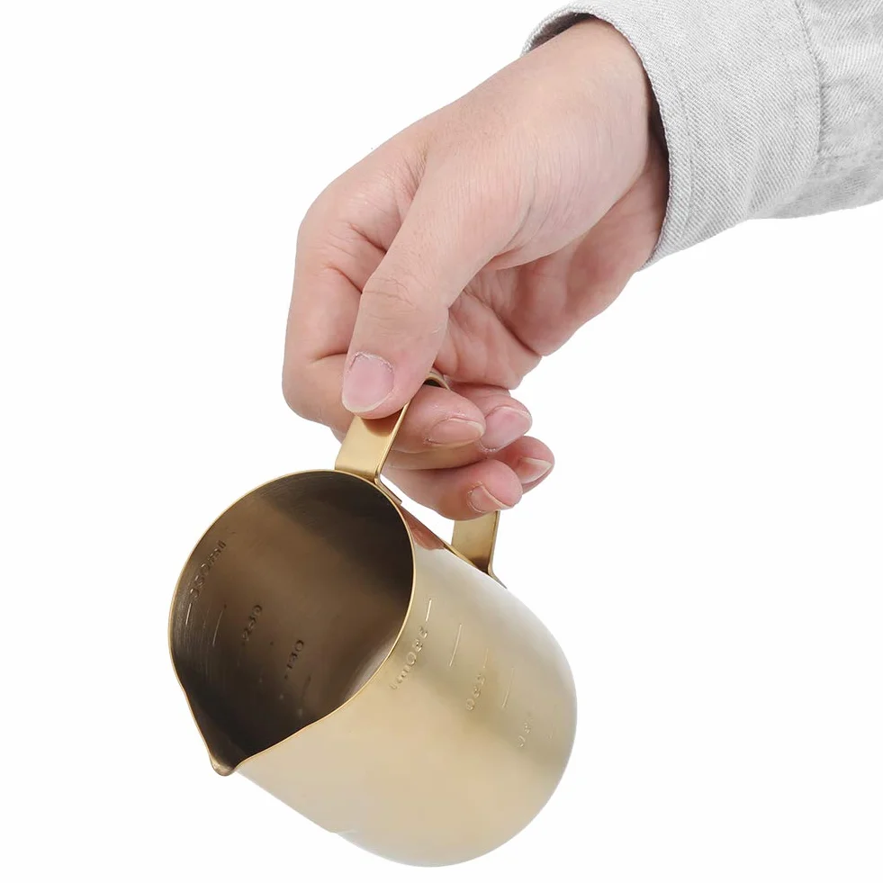 Dzbanek do spieniania, dzbanek do gotowania na parze, złoty kubek do spieniania mleka ze stali nierdzewnej, dzbanek ze skalą, do użytku domowego, kawy, latte, 350 ml