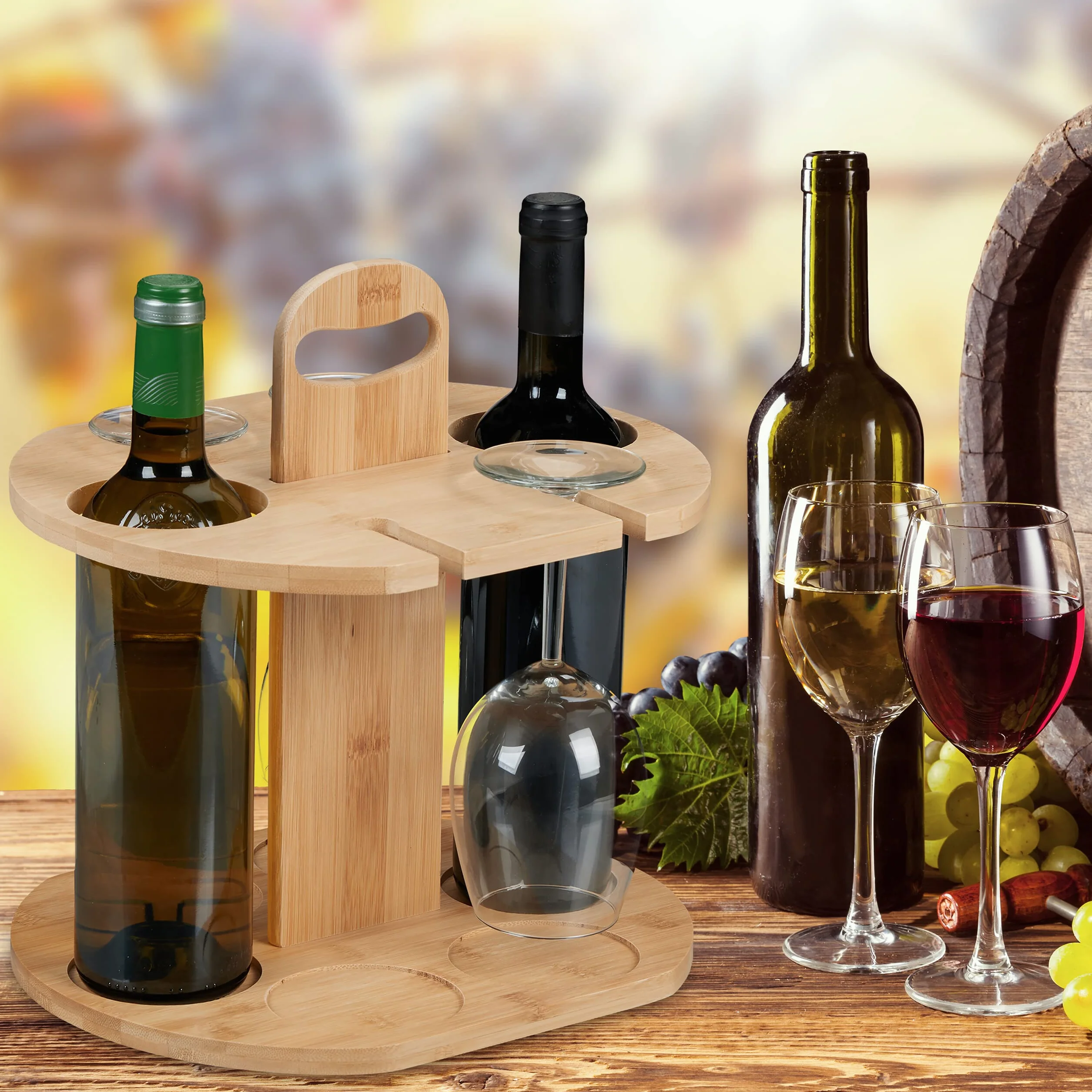 Relaxdays Stojak na wino, bambusowy, stojak na 2 butelki i 4 kieliszki, wys. x gł.: 30,5 x 30 x 25 cm, prezent dla miłośników wina, naturalny