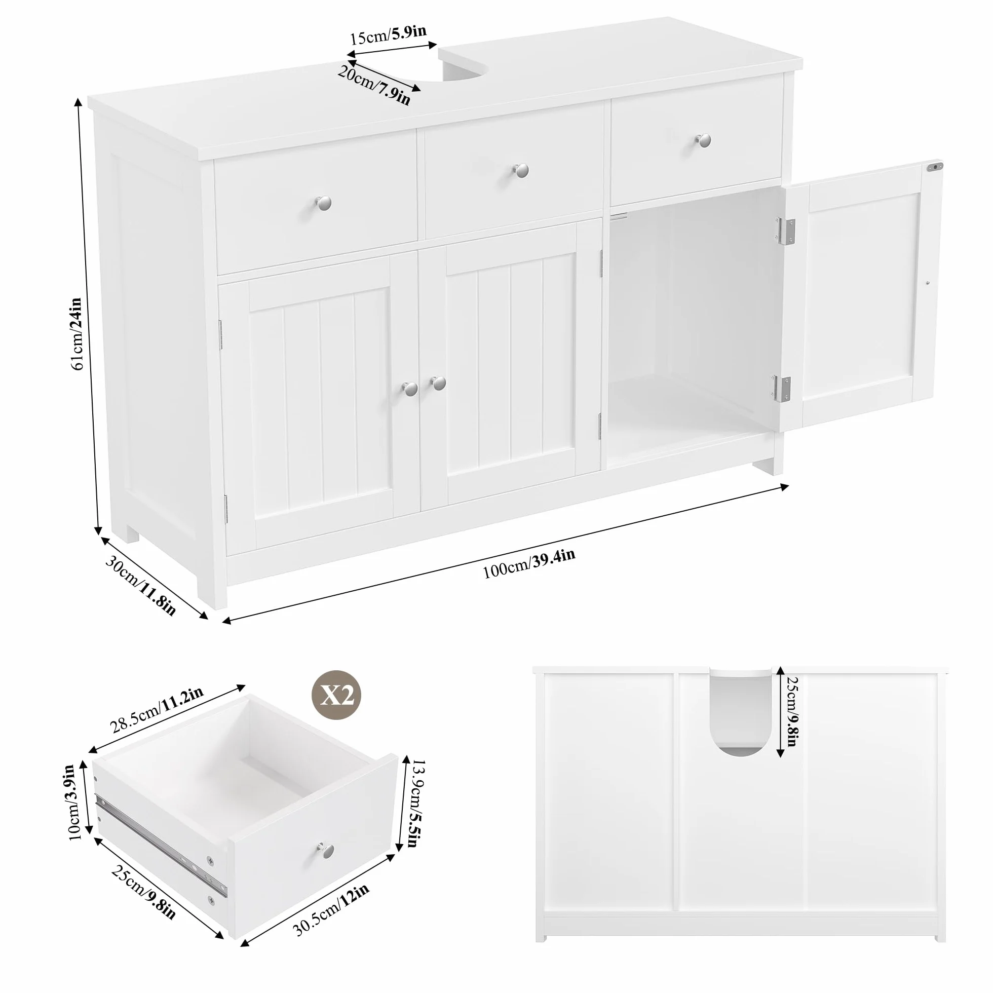 FOREHILL Szafka pod umywalkę 100 cm 3 drzwi 2 szuflady biała 100x30x61 cm