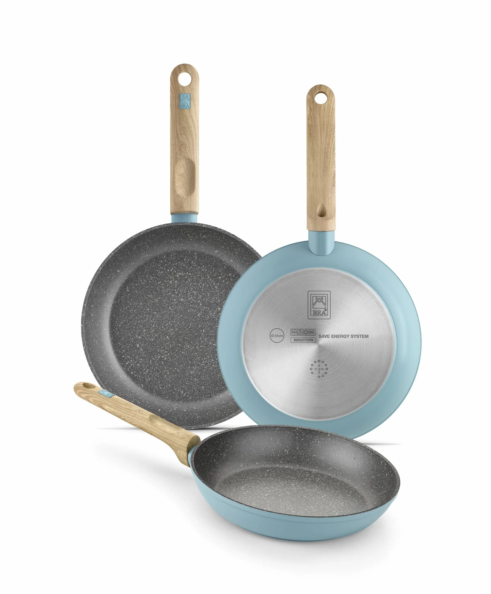 BRA NORDIK zestaw patelni 20-24-28 cm, kute aluminium z nieprzywierającą powłoką, nadają się do wszystkich rodzajów kuchenek, w tym indukcyjnych, turkus