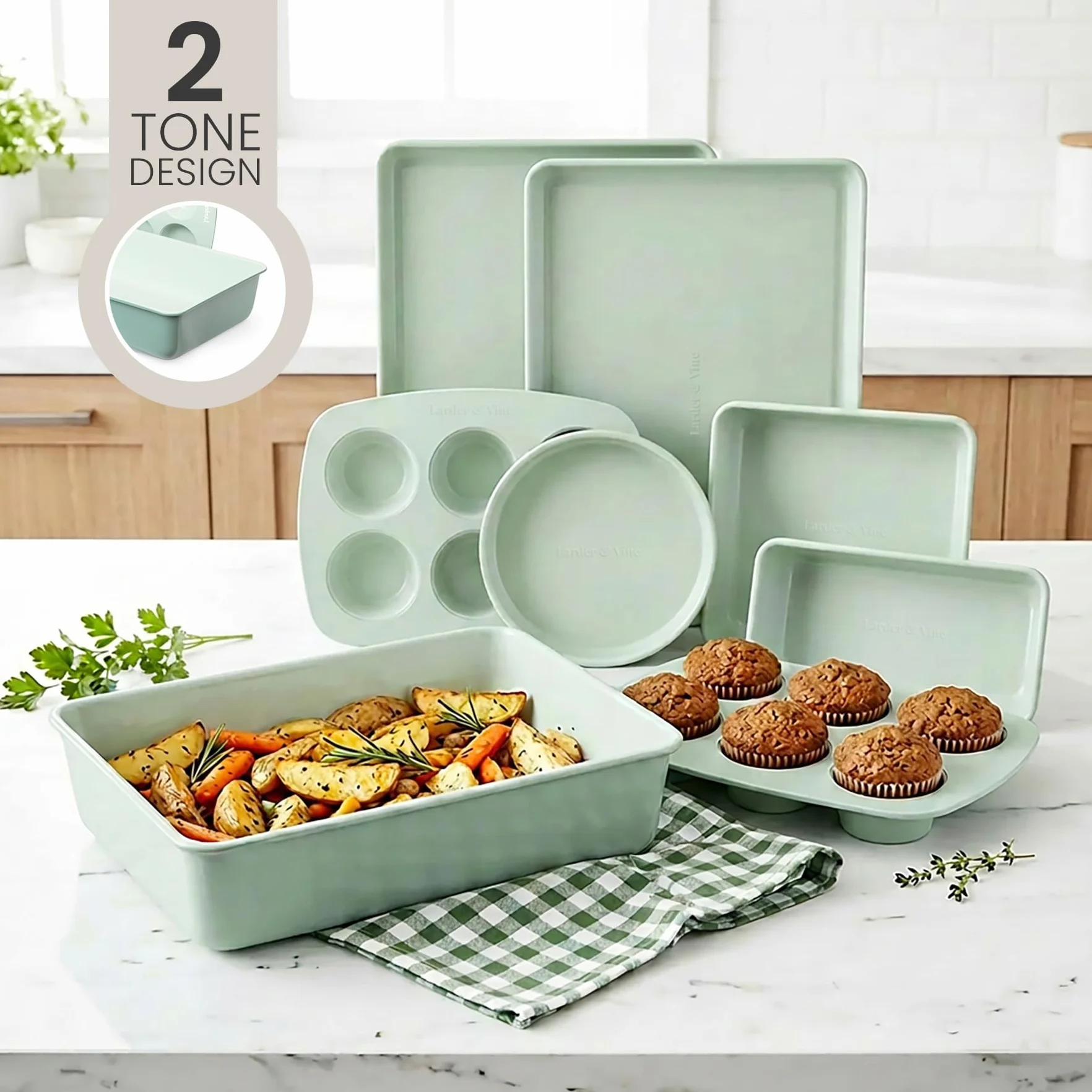Larder & Vine Zestaw do pieczenia – bez PFAS/PFOS/PTFE, wytrzymała stal aluminiowa z ceramicznym wykończeniem, zawiera blachy, bochenek, puszki na muffiny, okrągłą patelnię, patelnię kwadratową,