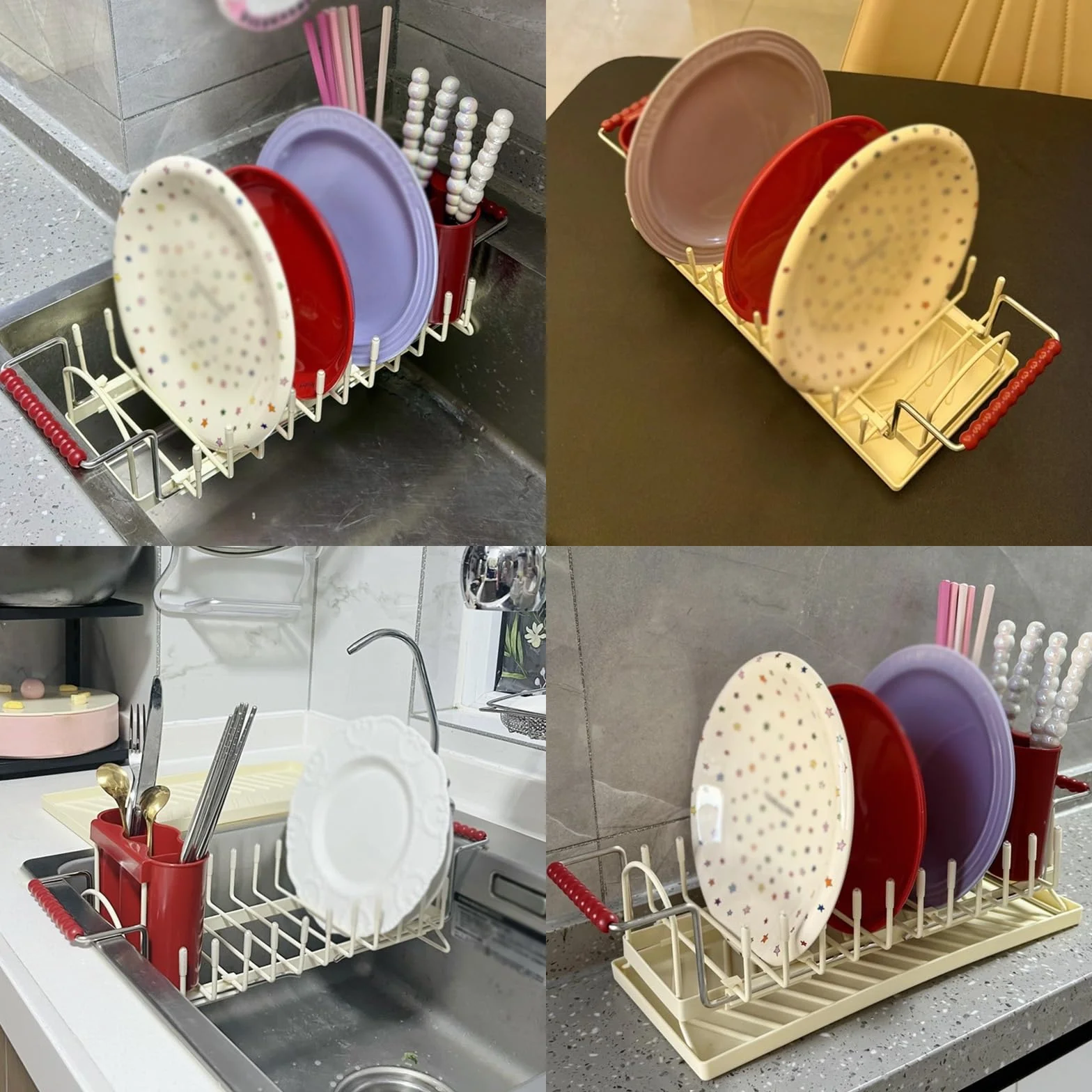 Metalowa Suszarka na Naczynia Nad Zlewem, Wąski Ociekacz na Blat Kuchenny, Możliwość Zawieszenia Lub Postawienia, z Pojemnikiem na Pałeczki i Tacką Ociekową(Red)