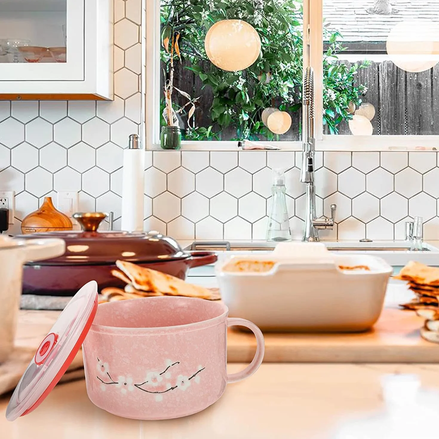 Uchwyt do kubka do zupy, miska do zupy, eleganckie ceramiczne miski do zupy z łyżką, 26 uncji, duża ręcznie malowana miska do zupy cebulowej z uchwytem, ​​śniadanie, owsianka, sałatka, płatk