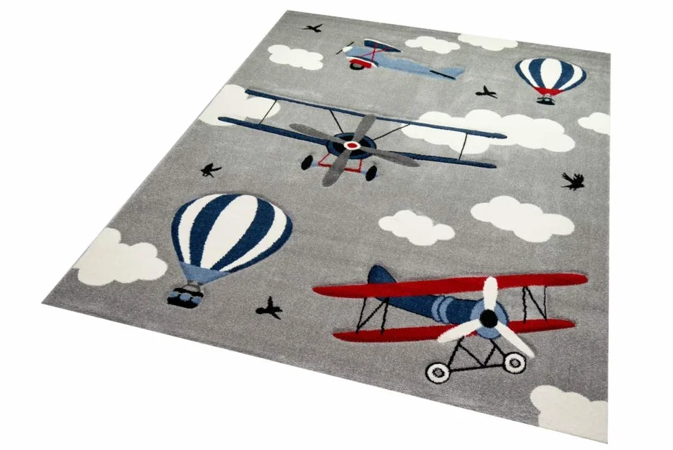 CARPETIA Dywan do pokoju dziecięcego, w samoloty, dwupłaty, balony na gorące powietrze, szary, niebieski, kremowy, wymiary 120 cm okrągły
