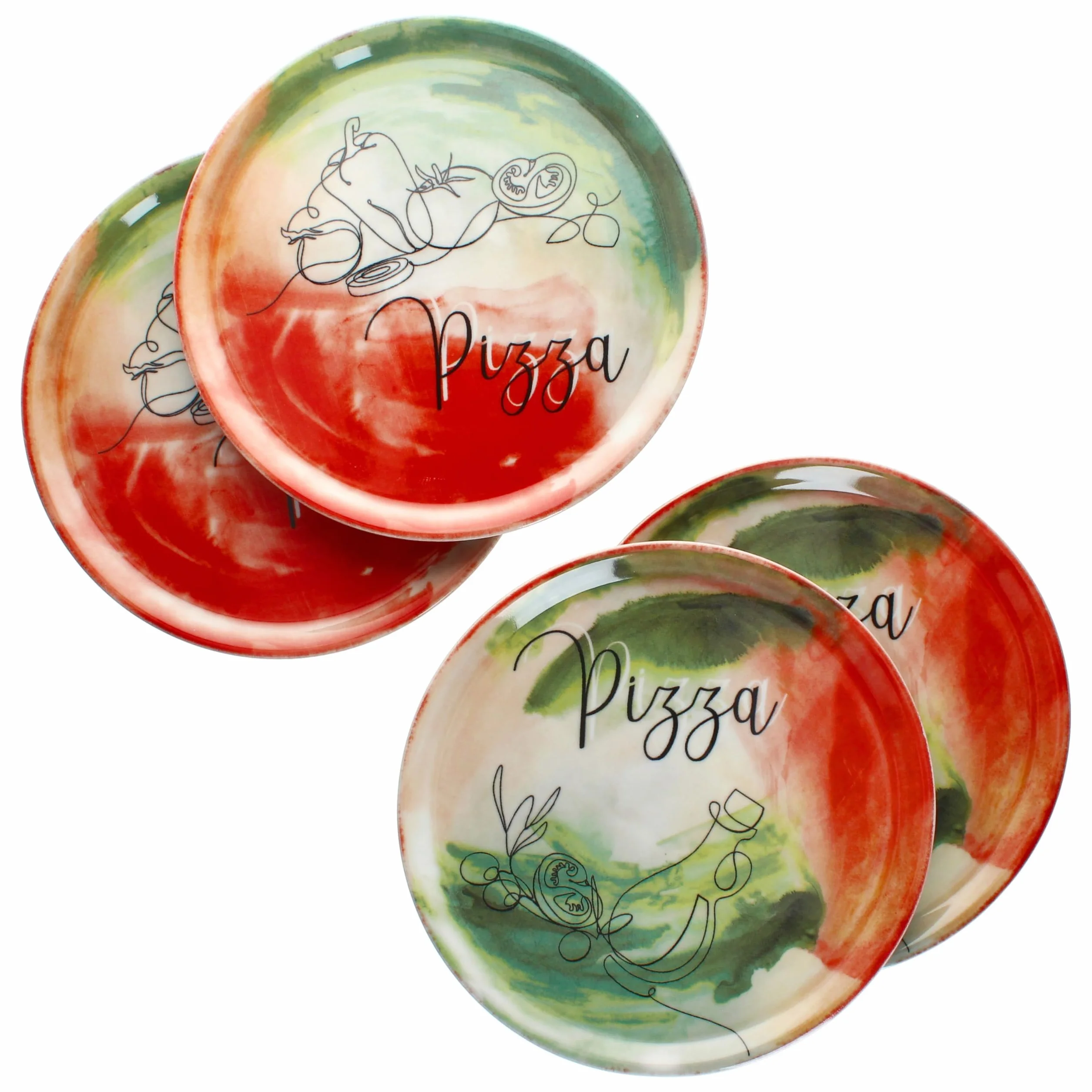 MamboCat Zestaw 4 talerzy do pizzy z warzywami i olejami, Ø 31 cm, dla 4 osób, duże talerze do pizzy z porcelany z dekoracją i napisem, do pizzy lub do przyrządzania I talerz obiadowy XL, półmisek do