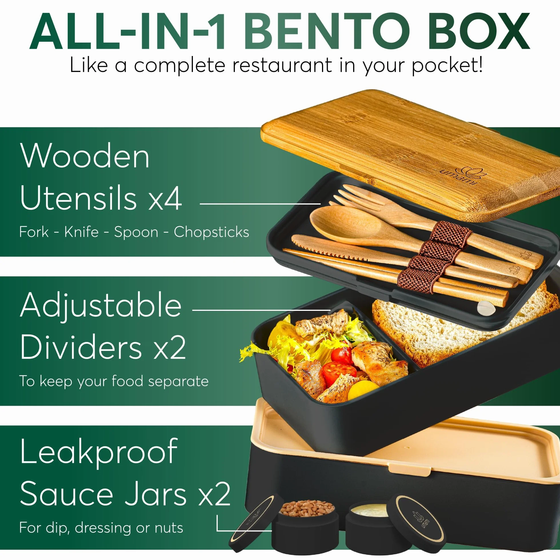Umami Bento Pudełko na Lunch, 2 Garnki na Sos & Sztućce w Zestawie, Bezpieczne Do MIkrofali, Pudełko na Lunch Dla Dorosłych, Pudełko na Posiłki z Przegrodami, Bento Box