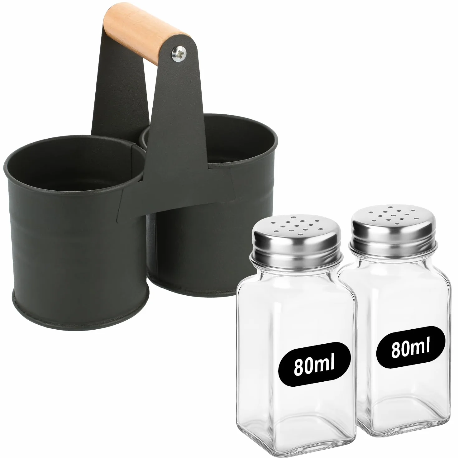 COM-FOUR® 3-czesciowy zestaw do przypraw wykonany ze szkla - do soli i pieprzu z dopasowanym metalowym uchwytem (01 szt. - ze wspornikiem)