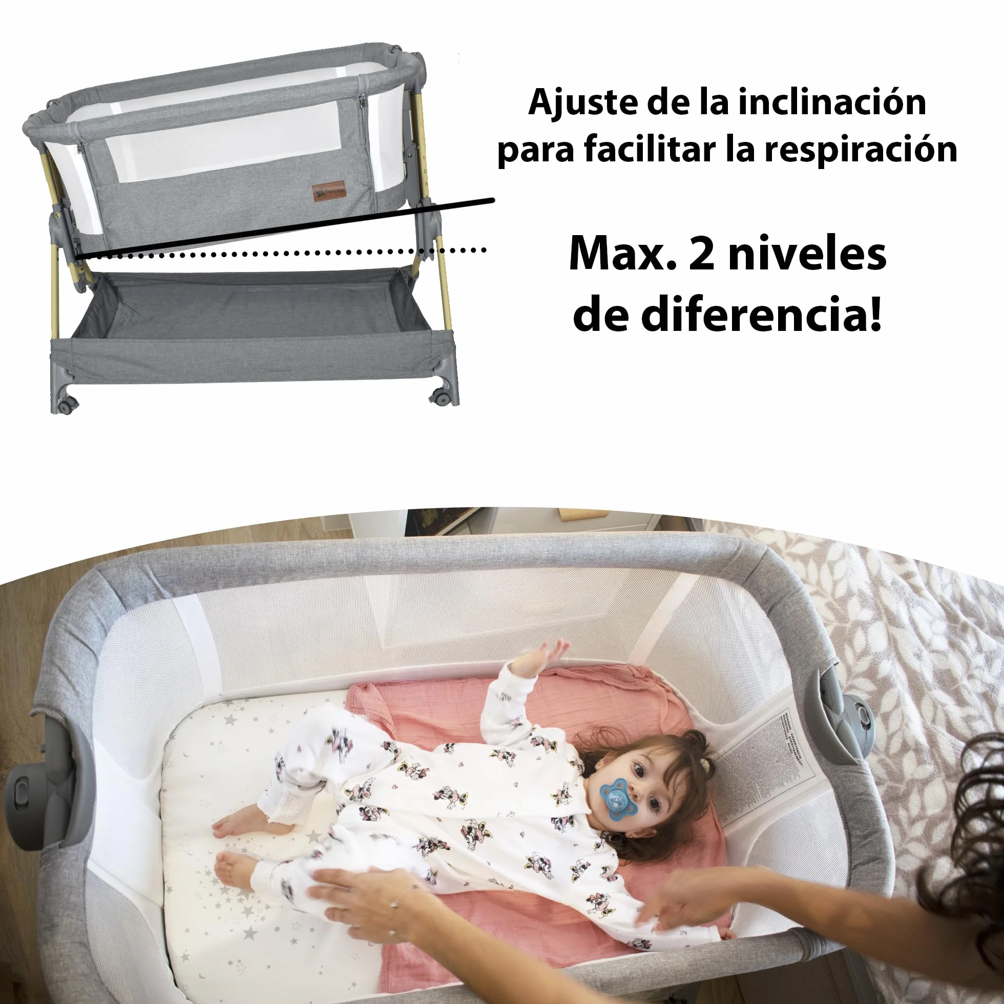 Twinly Comfortly 2 w 1 łóżeczko dziecięce i łóżeczko dziecięce z kółkami, składane mini łóżeczko podróżne, bez mocowania, regulowana wysokość i funkcja przeciwodblaskowa, w zestawie materac