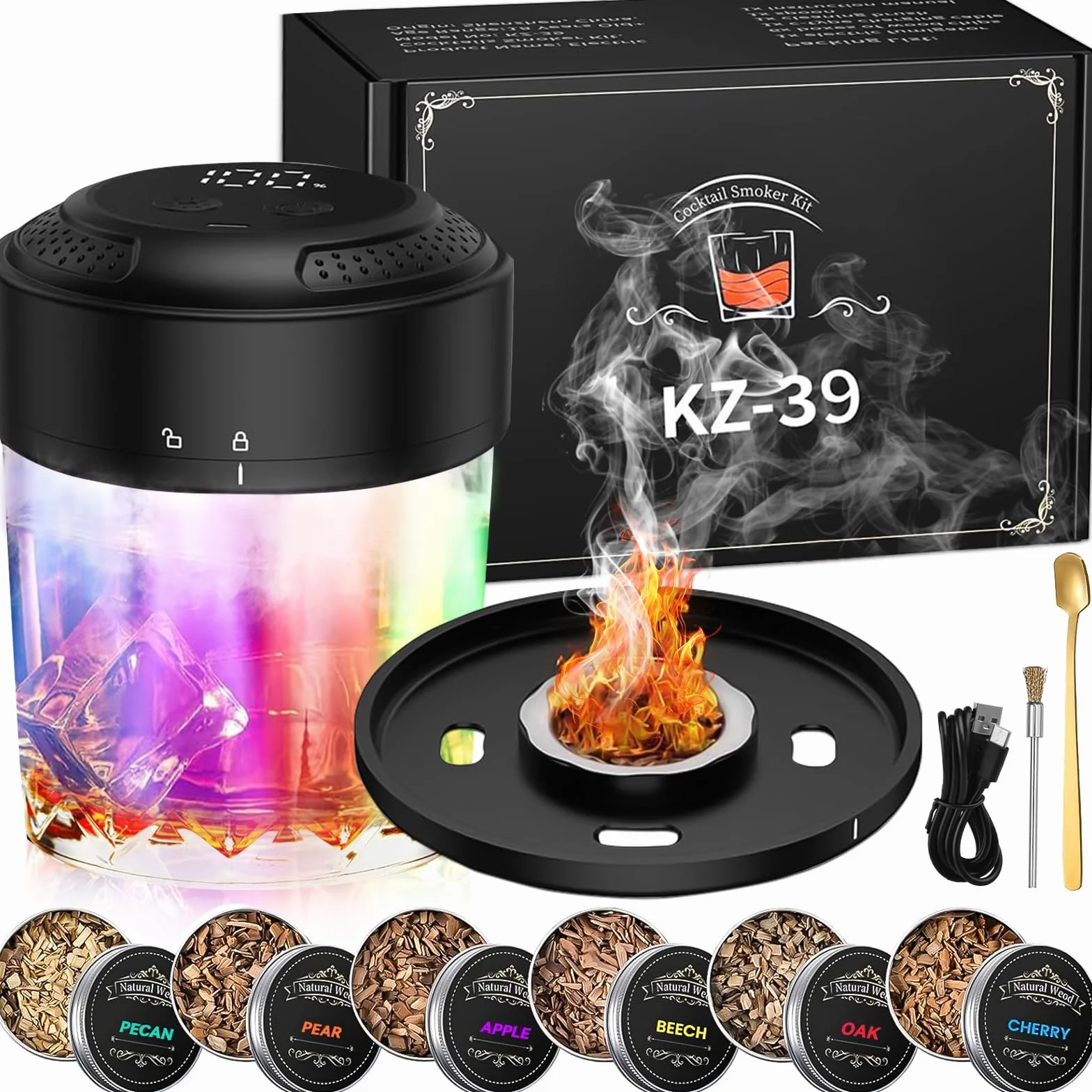 Elektryczna wędzarnia do whisky z ekranem LED i USB-C, zestaw z 6 rodzajami drewna