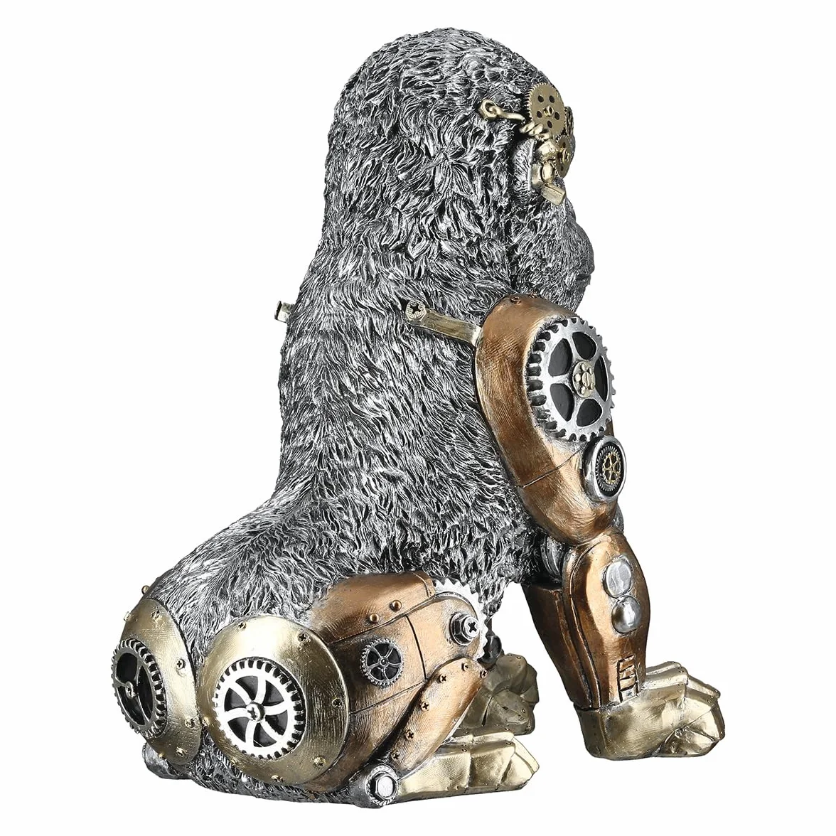 GILDE Figurka Steampunk goryl z żywicy syntetycznej, kolor srebrny, antyczne wykończenie, metaliczny wygląd, motyw koła zębatego, wysokość 31 cm