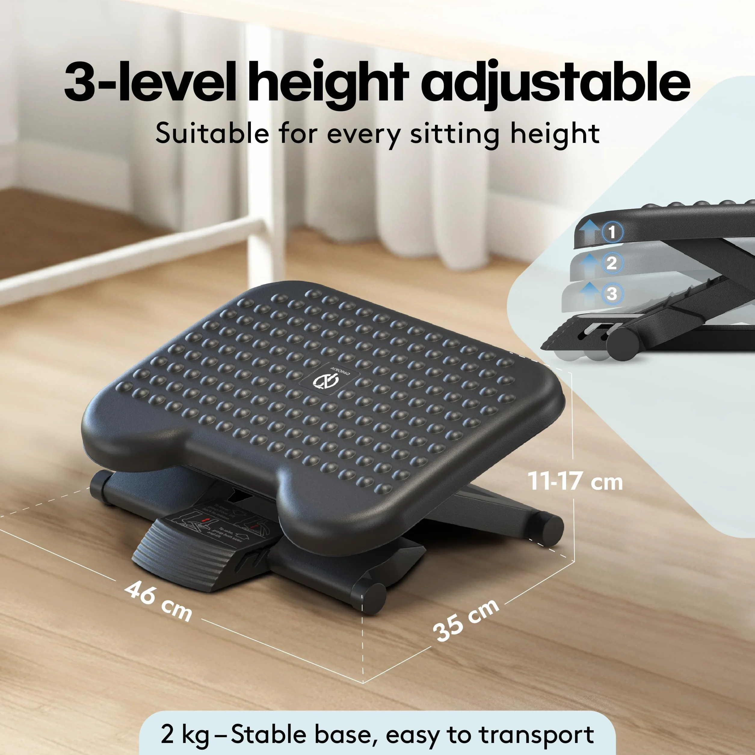 ACROPAQ - Podnóżek biurkowy - Antypoślizgowy, 3 regulowane wysokości, nachylenie od -30 do +30 stopni - Ergonomiczny podnóżek, podnóżek - Szary