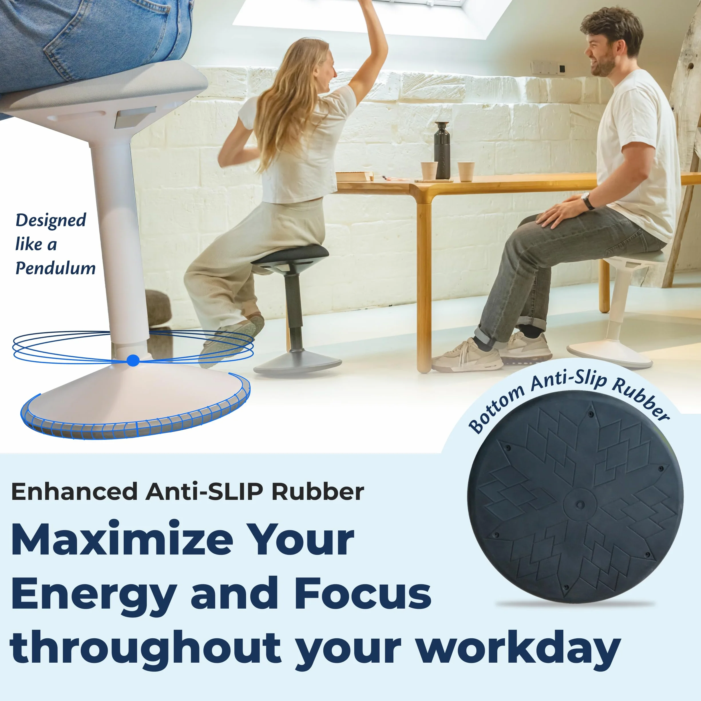 Backerz Ergonomiczny stołek biurowy – regulowana wysokość, stolnik drżący 40-60 cm – aktywne krzesło biurowe do stania z antypoślizgową podstawą do aktywnego przechyłu – biały