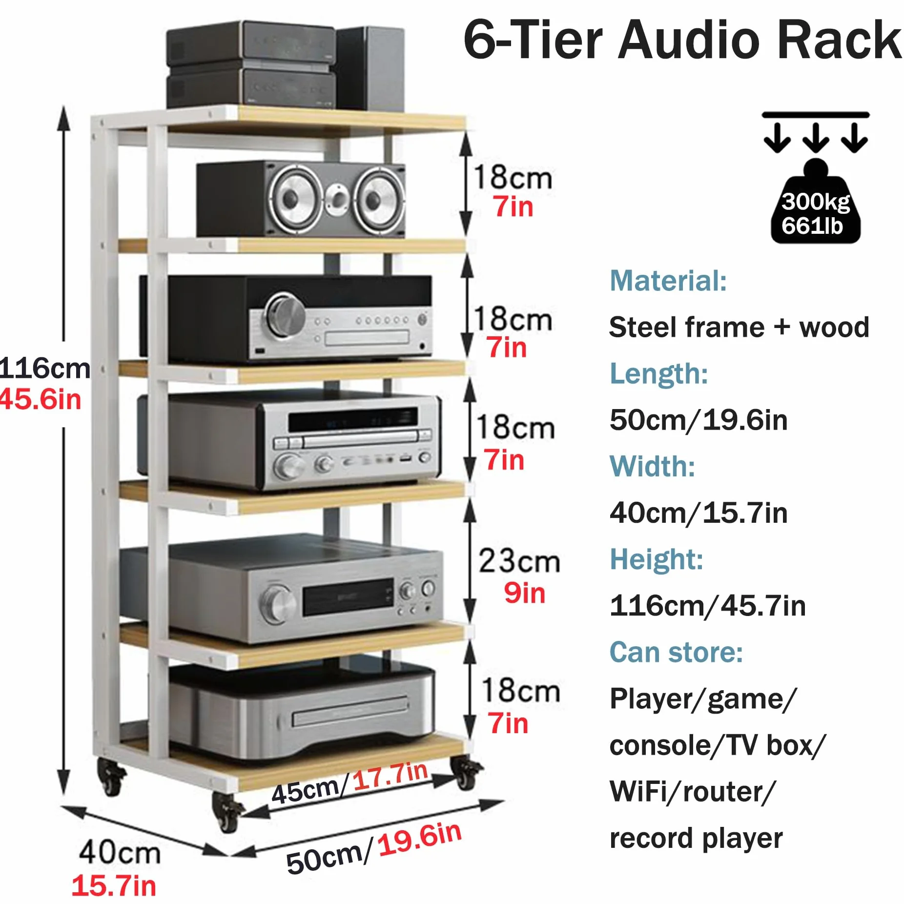 AV Shelf6 poziomowy stojak stereo, stojak na multimedia, komponent stereo, narożna półka audio, drewniane stojaki na konsole do gier, stojak na konsole do gier, stojak na odtwarzacz CD, do małych