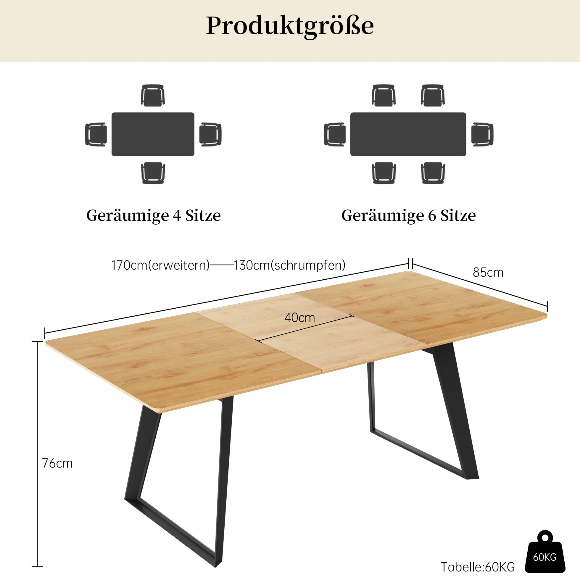 Rozszerzalny zestaw stołów do jadalni 130-170 cm, płyta MDF i metalowa rama, 4-6, nowoczesny design do domu i kuchni, idealny na rodzinne spotkania i rozrywkę