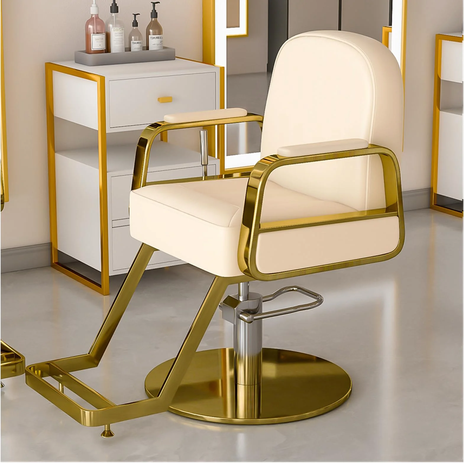 Regulowane krzesło fryzjerskie z pompą hydrauliczną obracane o 360° krzesło do stylizacji wyposażenie salonu spa białe i złote wygodne z podnóżkiem idealne dla fryzjerów