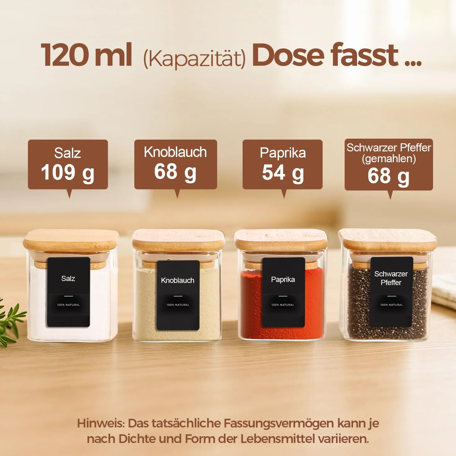 ComSaf Szklane słoiki na przyprawy z bambusową pokrywką, kwadratowe, 120 ml, z 275 etykietkami, hermetyczne przechowywanie przypraw, soli, cukru, herbaty, kawy, orzechów, nasion, 12 szt