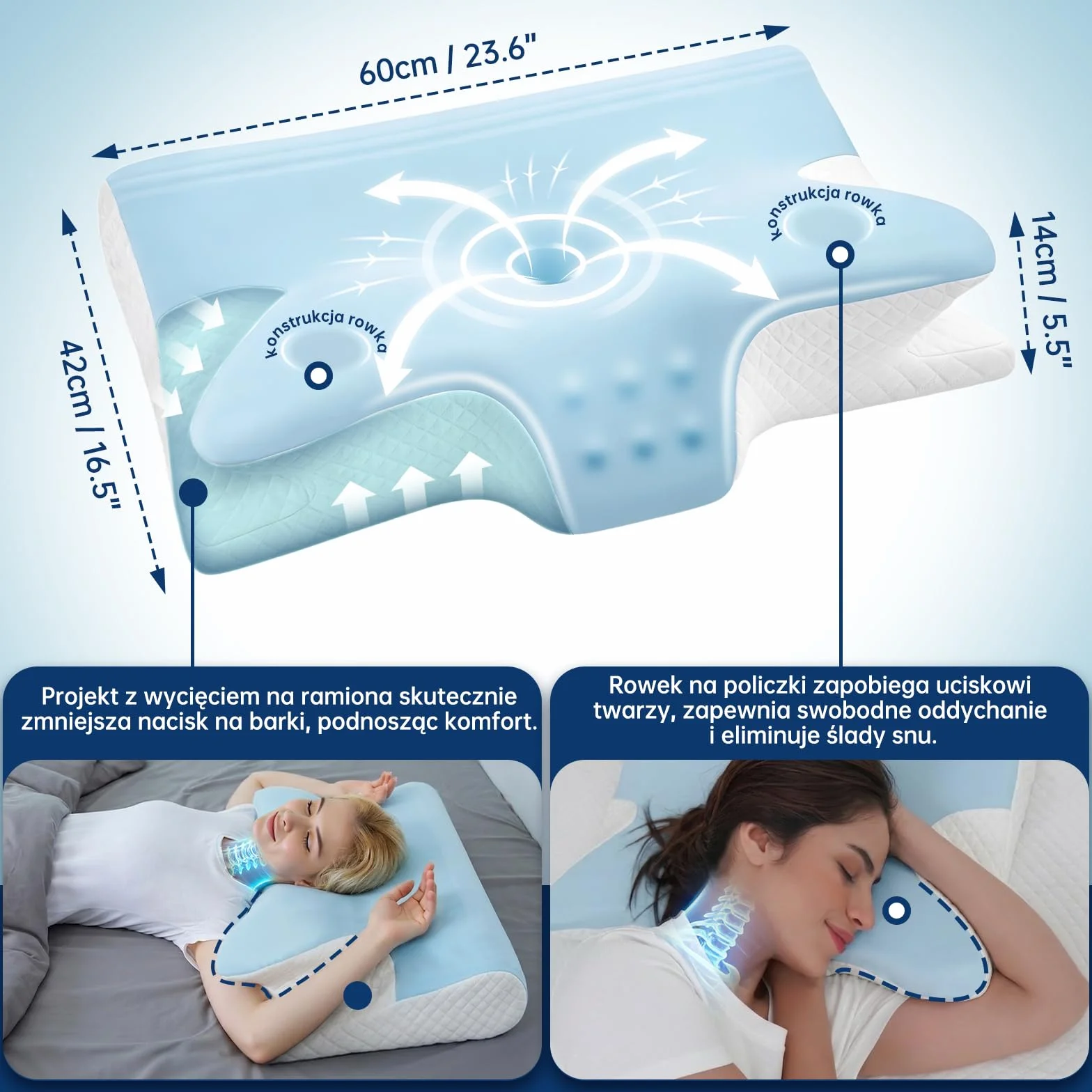 Poduszka Ortopedyczna do Spania Profilowana 2w1, Ergonomiczna Pianka Memory, pod Szyję i Kark, Przeciw Chrapaniu, dla Śpiących na Boku, Plecach i Brzuchu, 60x42x14/12 cm (Niebieska)