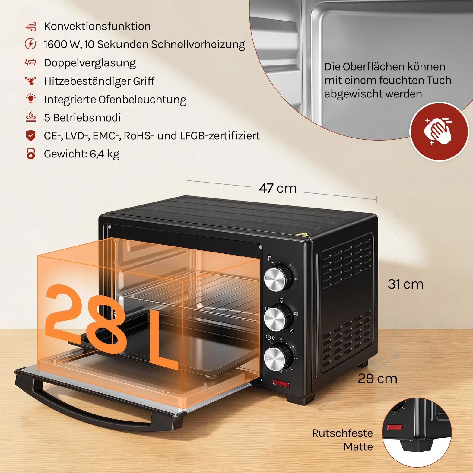 WOLTU mini piekarnik 25 litrów, piekarnik toster 1500 W | Piec do pizzy | Taca na okruchy z minipiekarnikiem z timerem do pizzy, tostów, indyka, czarnych hot-dogów