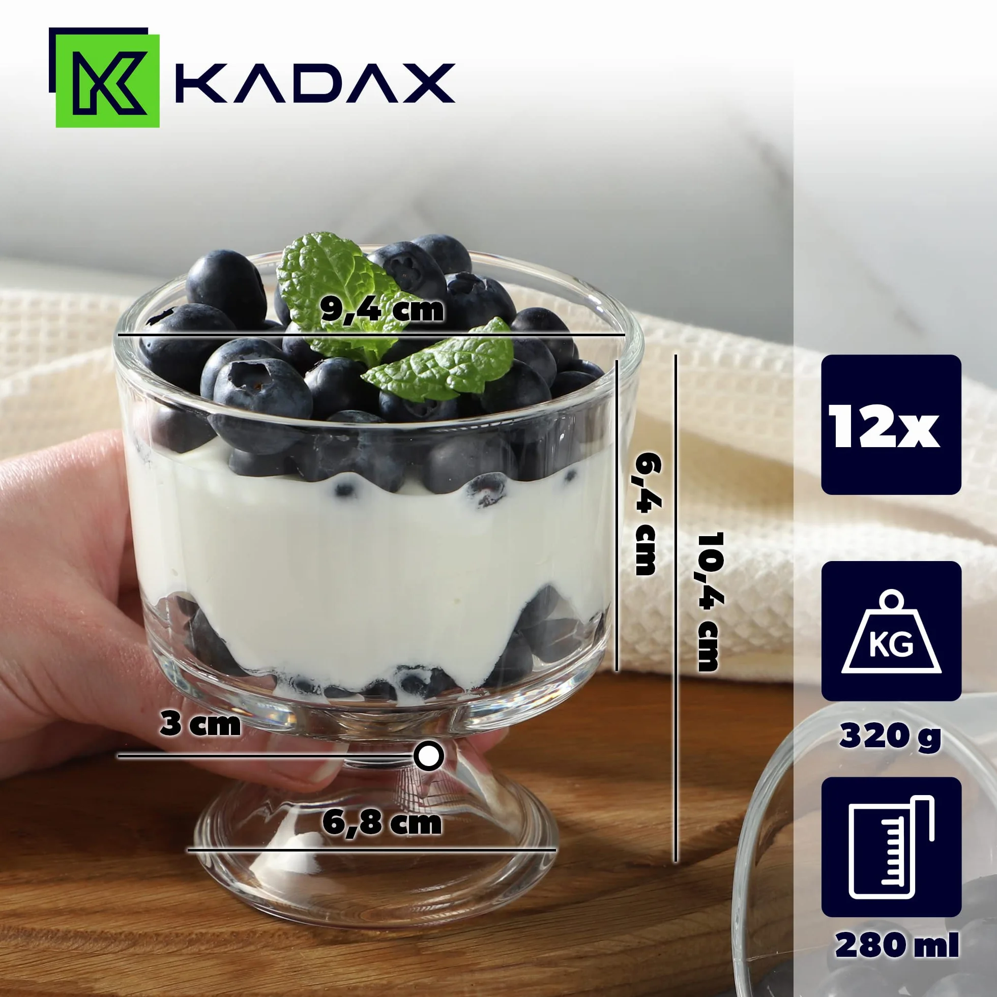 KADAX Zestaw 12 szt. pucharków do lodów 280 ml 10.6x9.4cm, wytrzymałe szkło, można myć w zmywarce, do serwowania lodów, deserów i galaretek