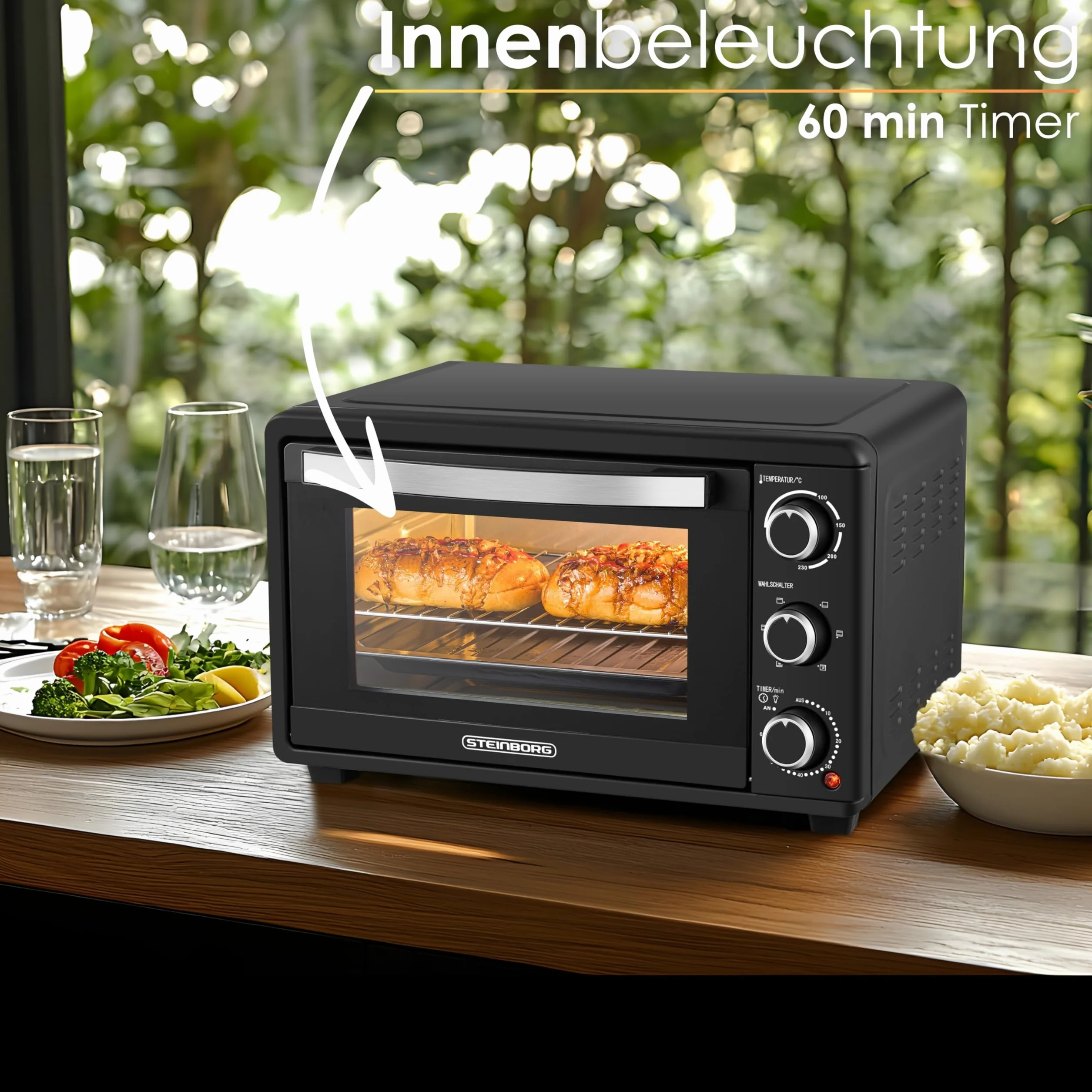 Steinborg Mini piekarnik z termoobiegiem, 25 litrów, elektryczny piec do pizzy, mini piekarnik 3 w 1, blacha na okruchy, ogrzewanie górne/dolne, energooszczędny 100-230°C, 60 min timer