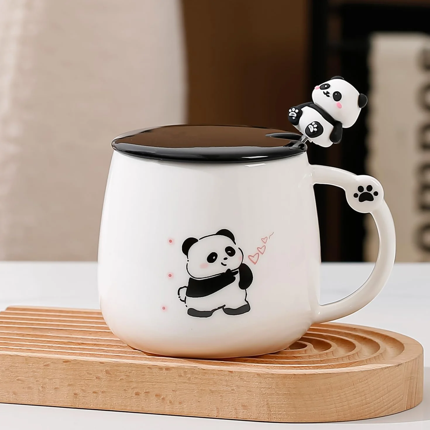 Panda Filiżanki Prezent Filiżanka Dziecięca - Ceramiczna filiżanka z pokrywką, łyżeczka ze stali nierdzewnej, filiżanka do kawy, filiżanka do herbaty, zabawny prezent dla kobiet, słodkich filiżanek