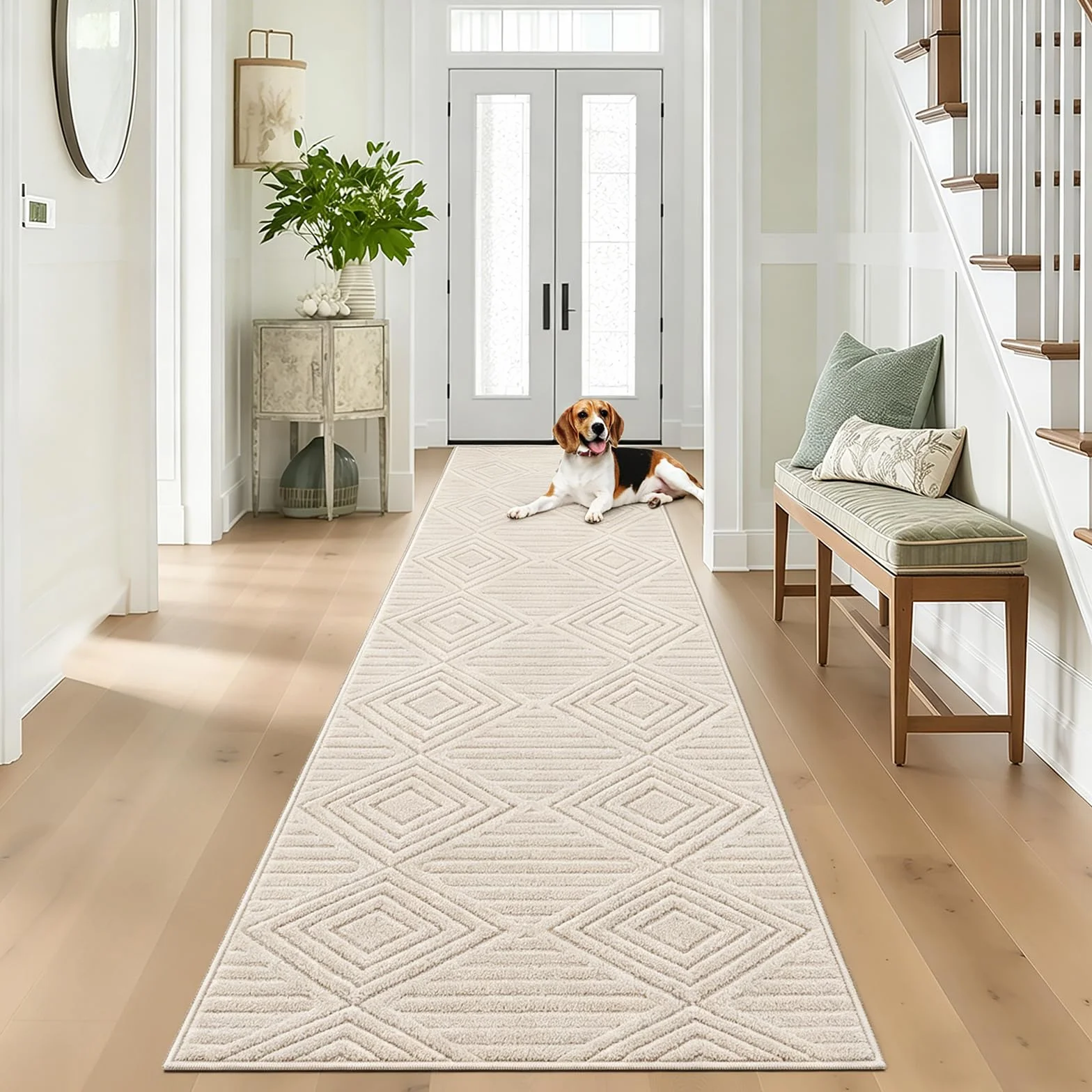Capslpad Dywan Chodnik 80x300cm Beżowy Antypoślizgowy 3D Geometria Miękki