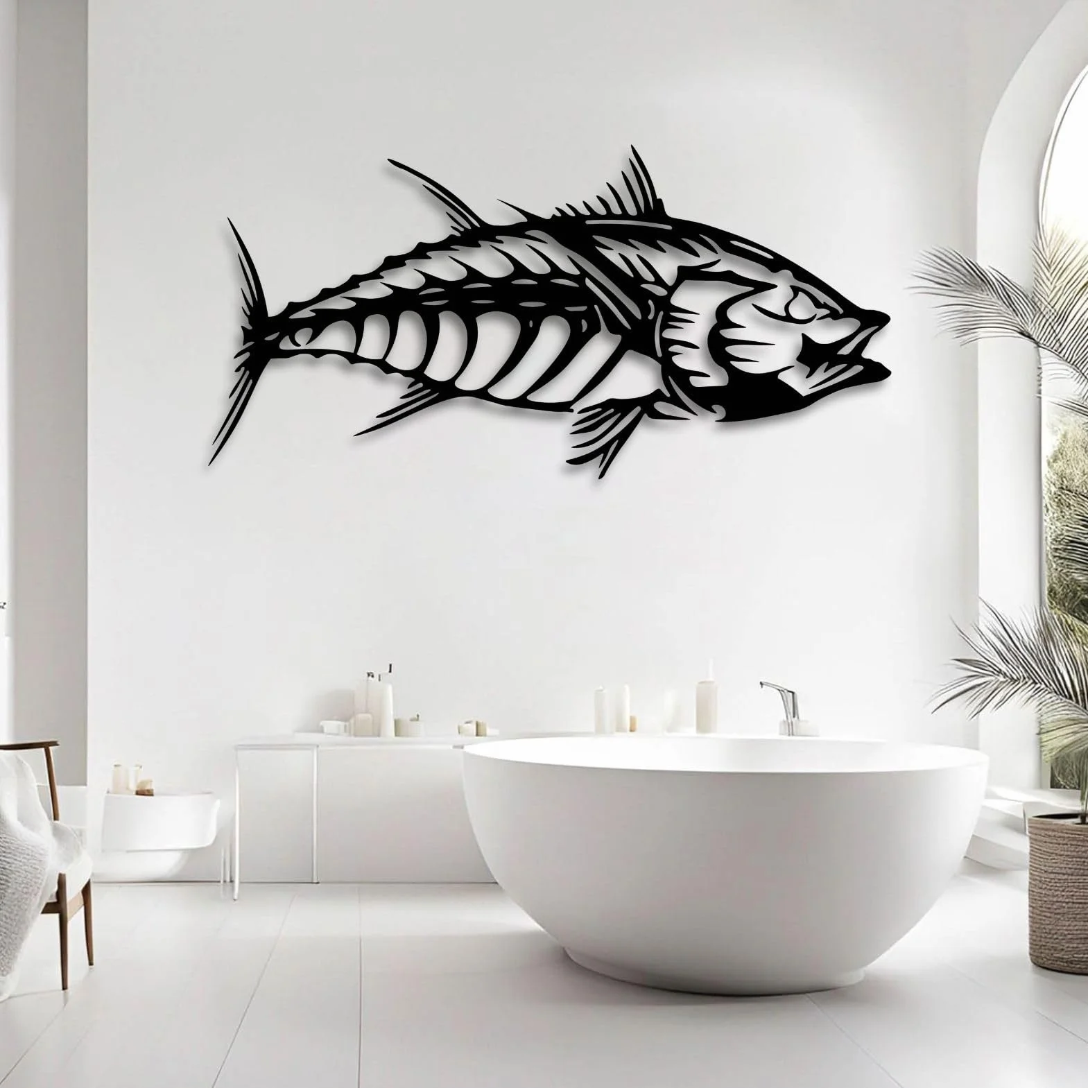 Metalowa dekoracja ścienna w kształcie tuńczyka i ryby, styl morski, do łazienki, salonu, sypialni, jadalni (czarny, 121 x 59 cm, szerokość 48 cali x wysokość
