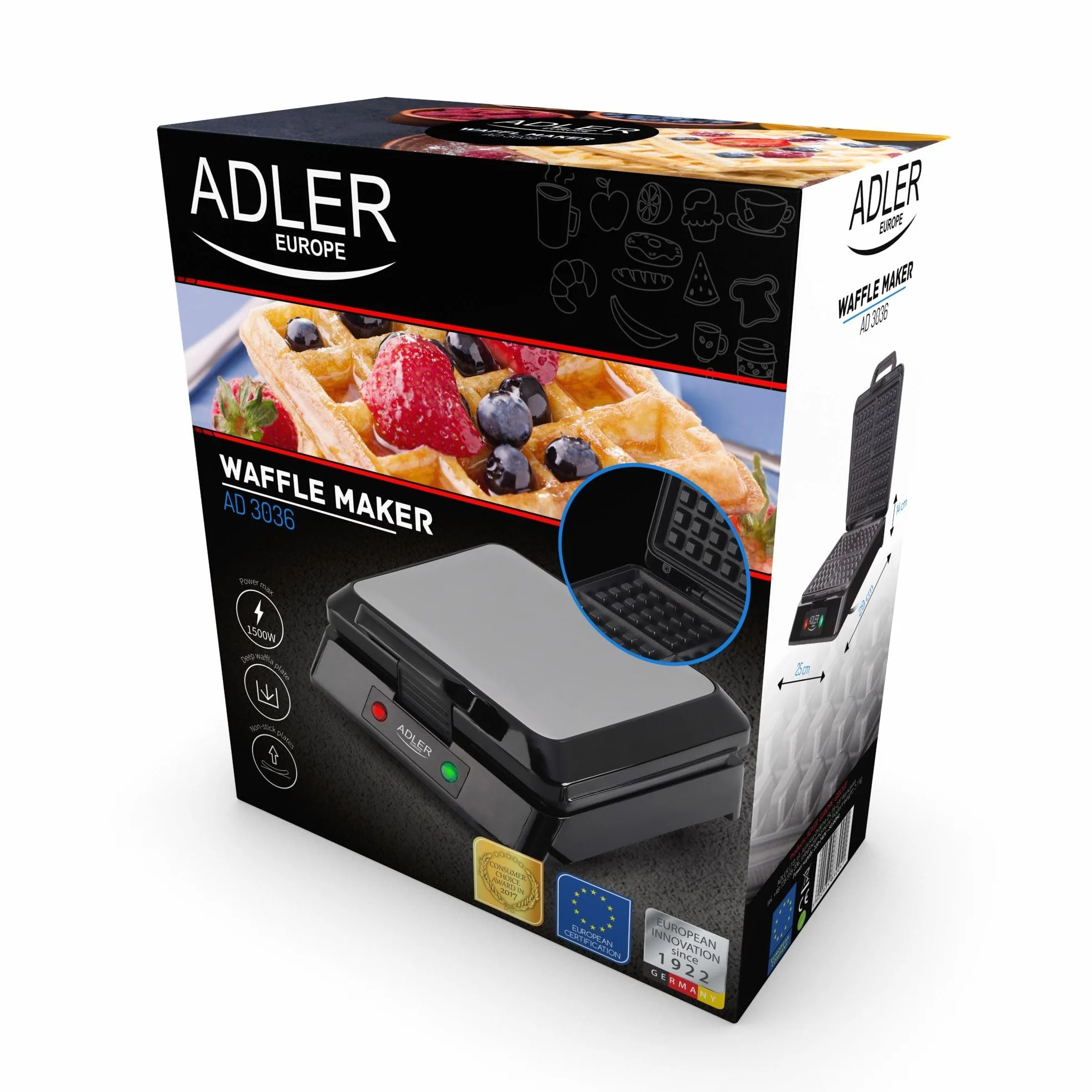 Adler AD 3036 Gofrownica, Metal/Tworzywo Sztuczne, 1300 W, Czarny/Srebrny
