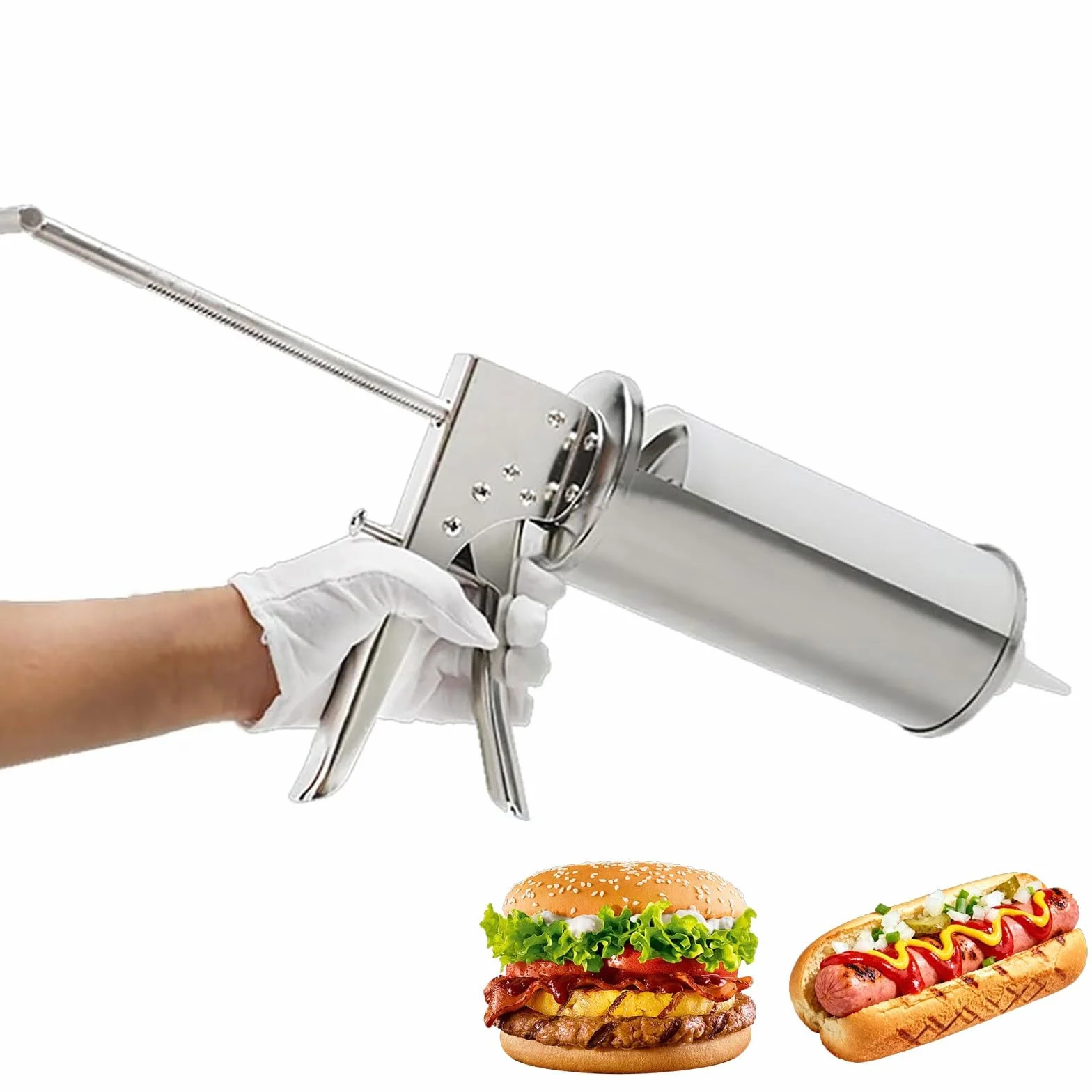 Pistolet do sosu burgerowego ze stali nierdzewnej z butelką z dozownikiem 650 ml, regulowaną wydajnością sosu 10–15 G, dozownikiem przypraw do sosów do sałatek pomidorowych