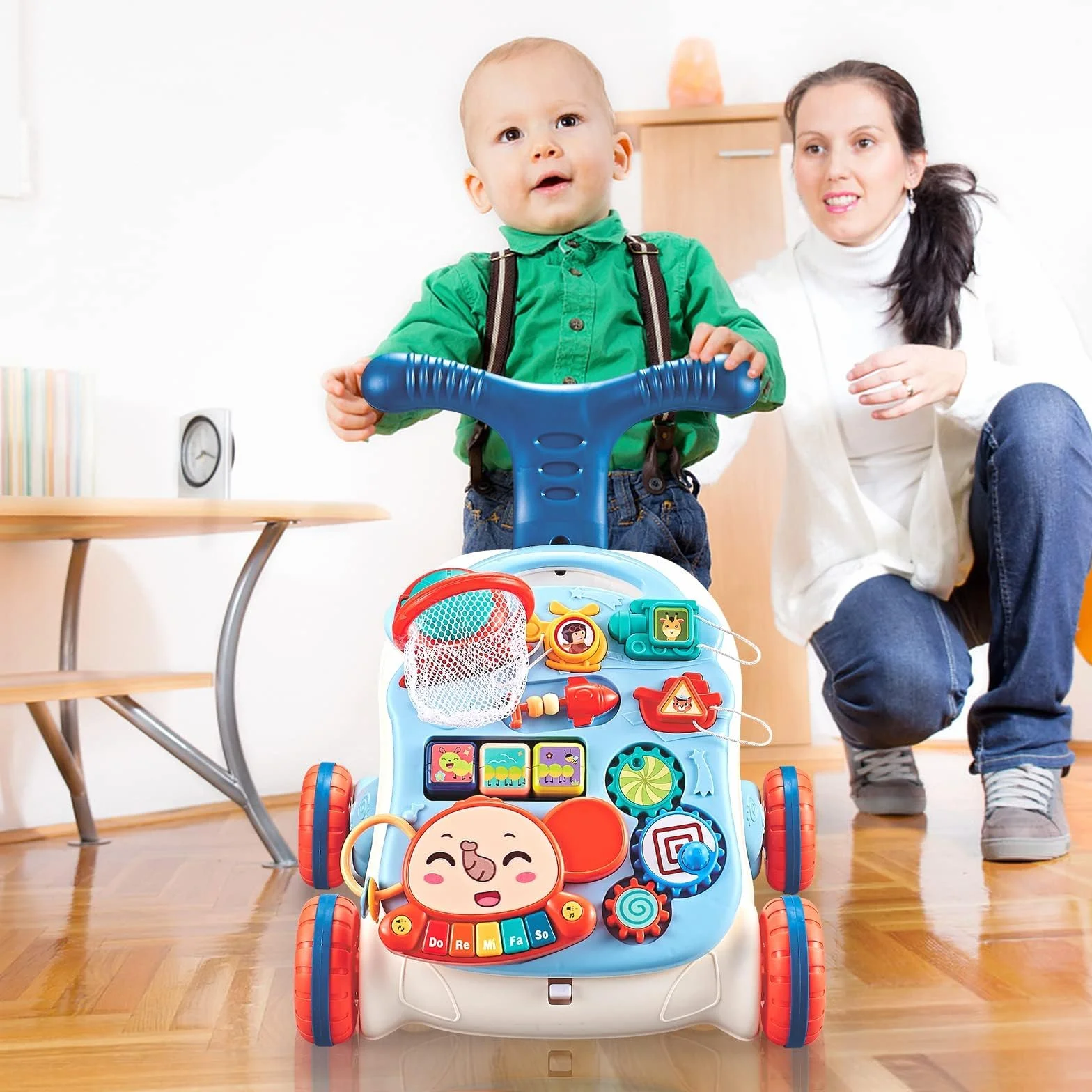 Pomoc w nauce chodzenia dla dzieci, 2 w 1, wózek do nauki chodzenia z zabawką i dźwiękami Montessori, muzyką i zdejmowaną planszą do gry, pomoc w chodzeniu z regulowaną prędkością, dla dzieci od 6