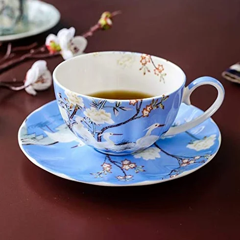 Zestaw kubków do kawy ze spodkiem, 237 ml, cienka porcelana kostna, wzór z kolorowymi kwiatami, idealny na imprezy i prezenty