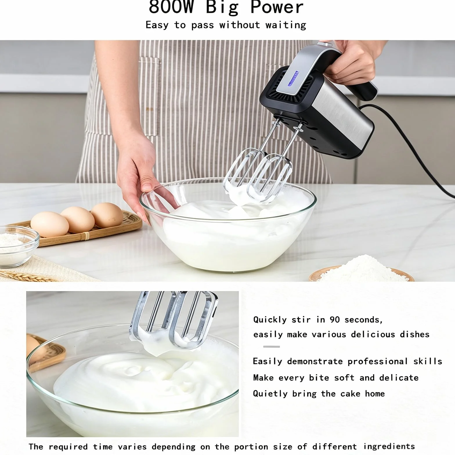 Ręczny mikser ze stali nierdzewnej 800 W, wielofunkcyjny blender do pieczenia z odłączanymi trzepaczkami, lekki trzepaczka kuchenna do ubijania śmietany i wyrabiania ciasta, do domowego pieczenia dese