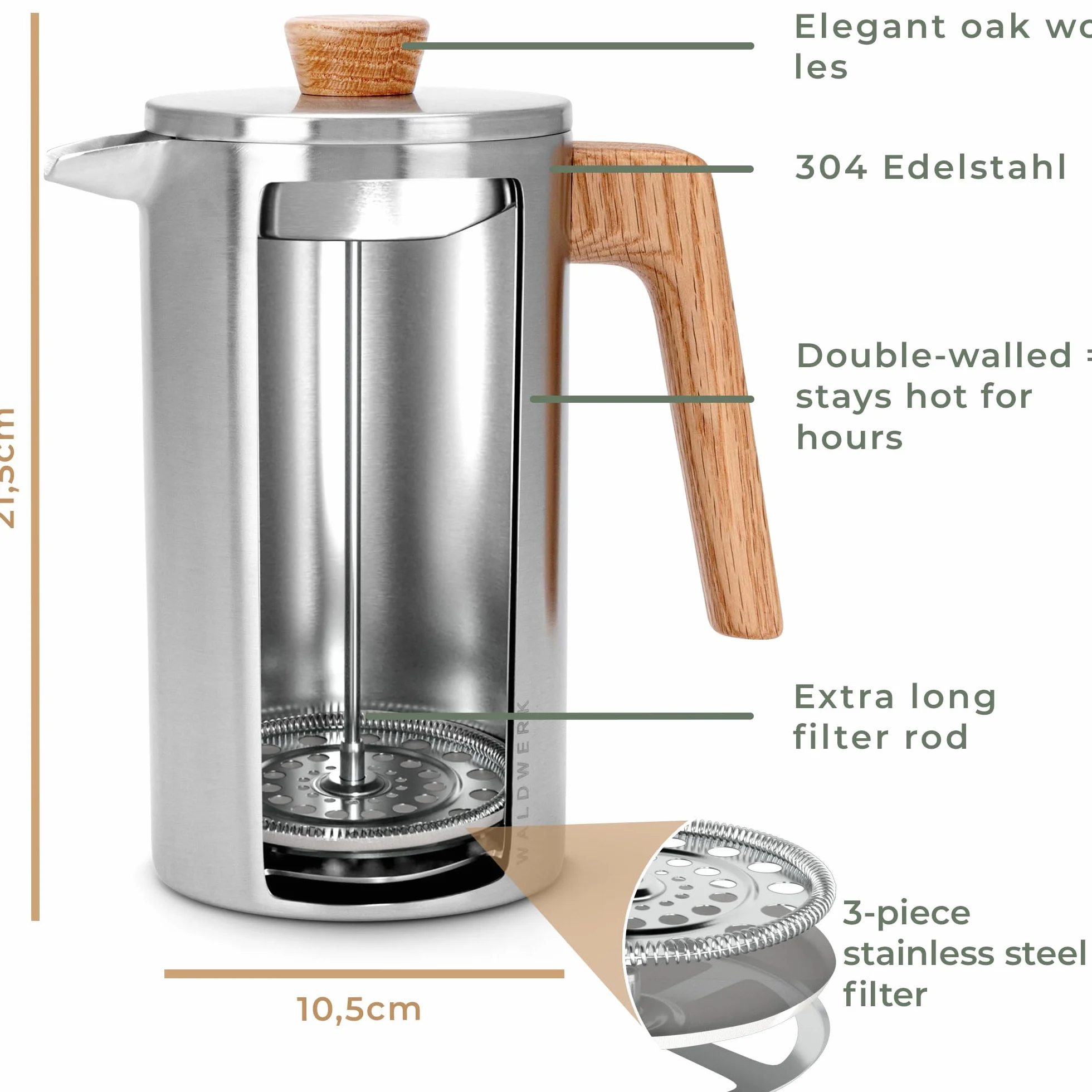WALDWERK French Press (1L) - Kaffeebereiter aus ??doppelwandigem Edelstahl mit Holzgriff aus Eichenholz - plastikfreier Kaffeezubereiter