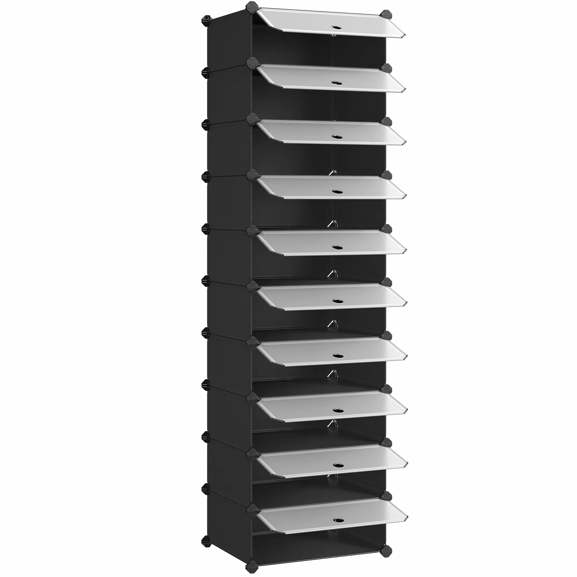 SONGMICS Zamykany stojak na buty, prostokątny organizer, 10-szczelinowy modułowy regał do przechowywania DIY, każdy moduł 40 x 30 x 17 cm, szafa z tworzywa sztucznego z drzwiami, czarny LPC10HV1