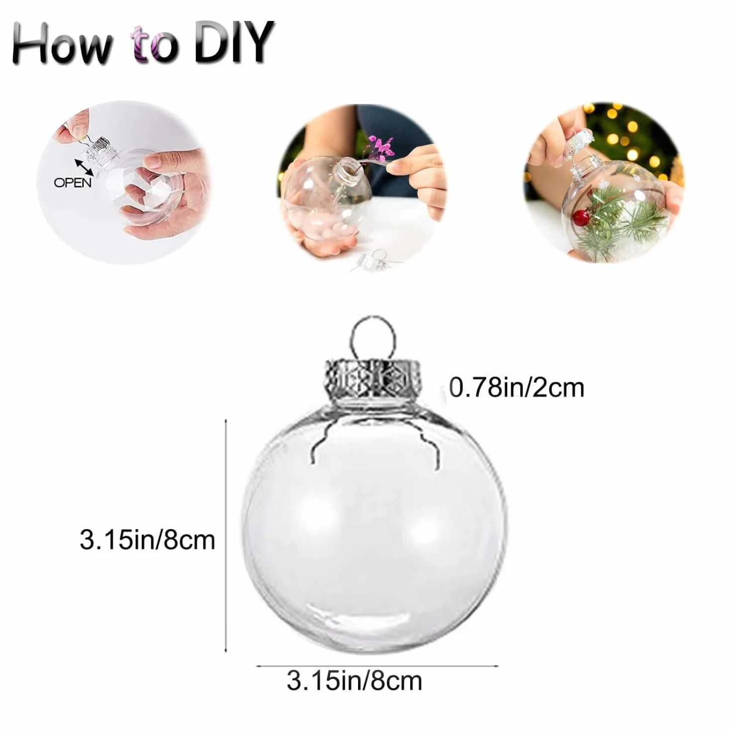 8 szt. DIY przezroczyste plastikowe kulki do napełniania - bombki świąteczne 8 cm, zdejmowana górna przezroczysta wisząca kula na Halloween, Boże Narodzenie, urodziny, ślub, przyjęcie, Boże