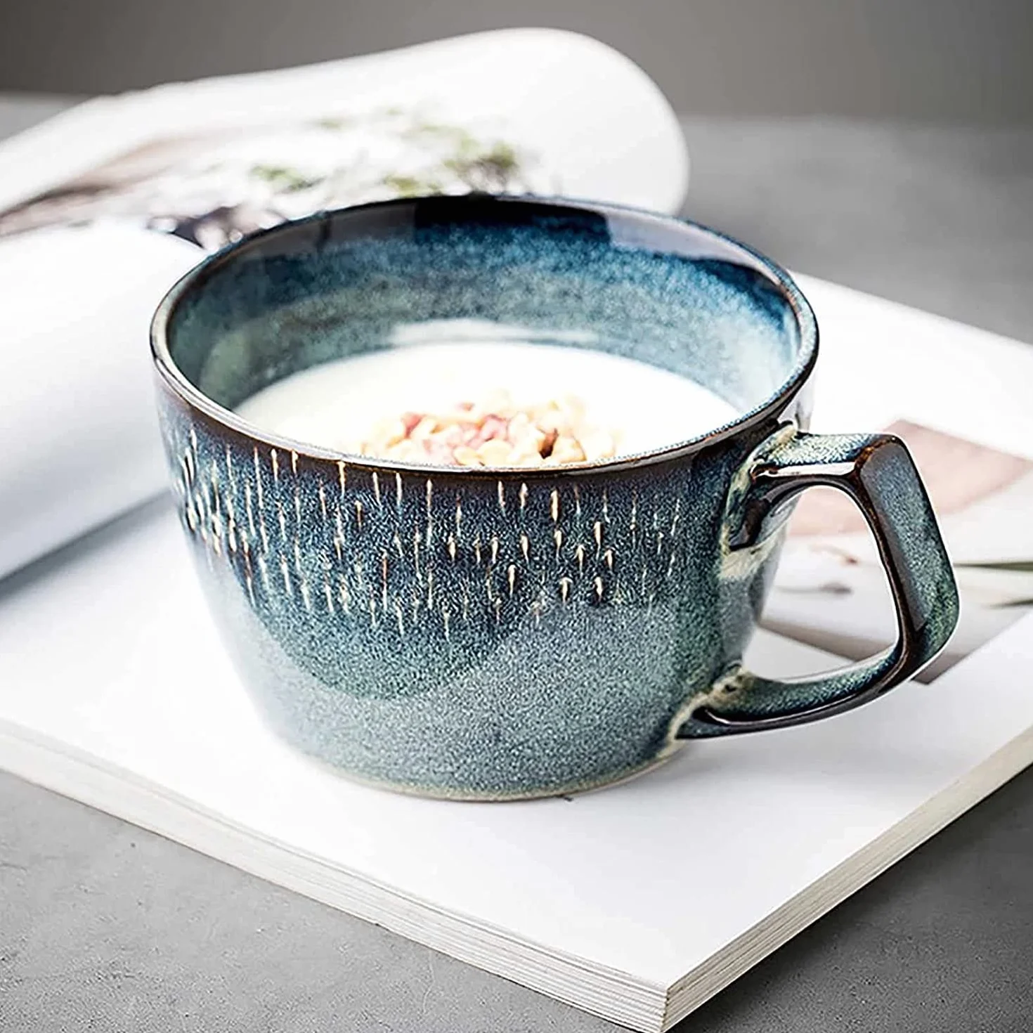 Ceramiczny kubek na zupę, Ceramiczna miska na płatki owsiane, 23 uncje, z uchwytem, ​​do zupy, kawy, mleka, herbaty, owoców, śniadania(Mug)