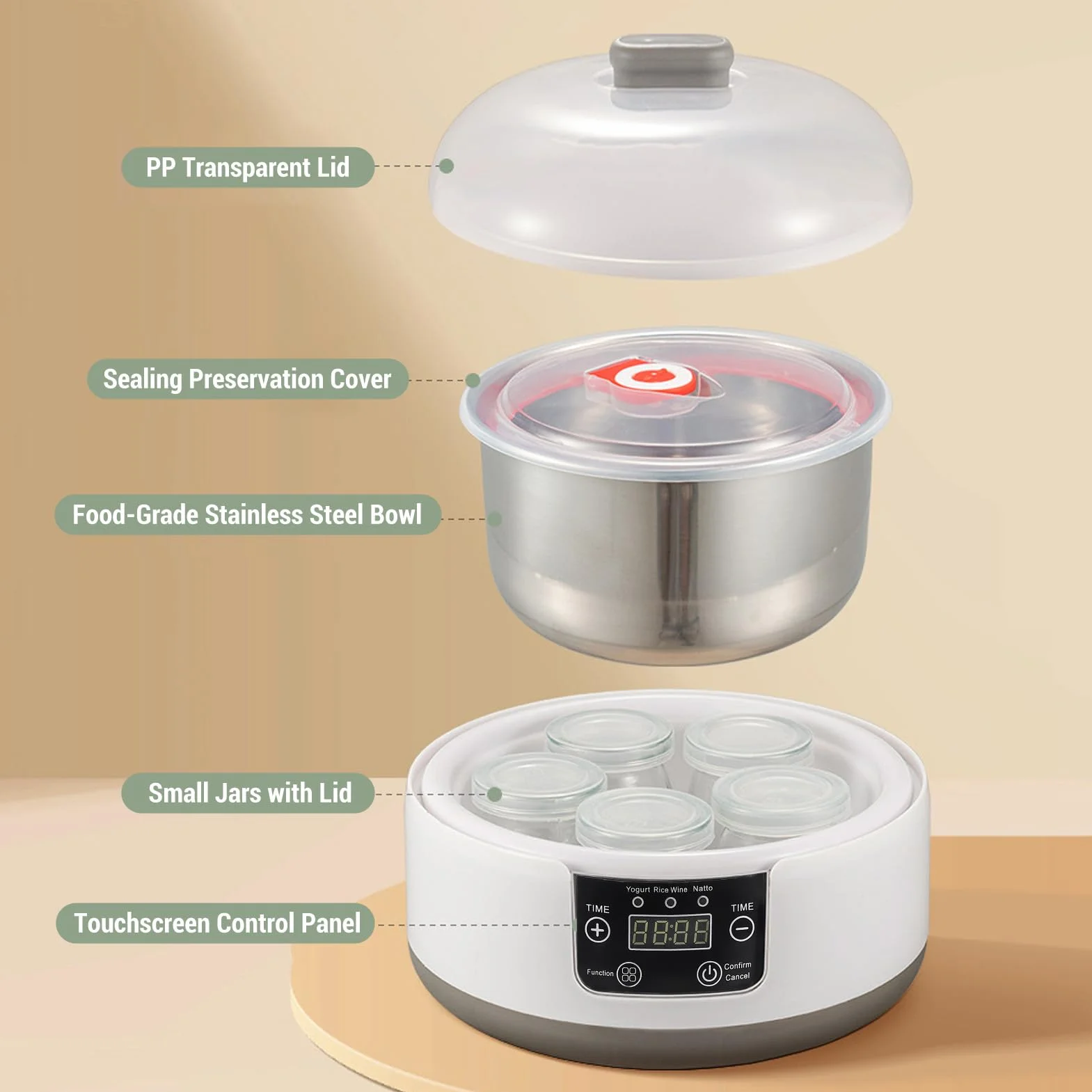 Elektryczna maszyna do robienia jogurtu, 1,2 l domowy jogurt Natto Maker, domowy inkubator do jogurtu ze szklanym słoikiem i wkładką ze stali nierdzewnej, do domowego (Wtyczka UE