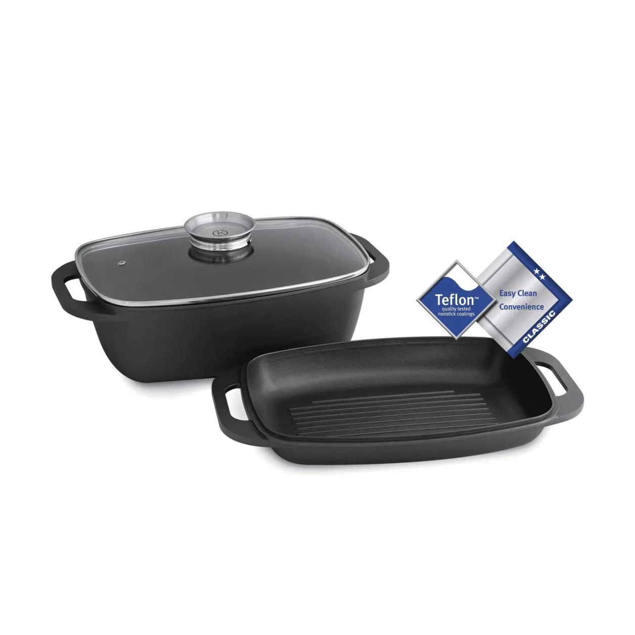 Brytfanna z odlewu aluminiowego, 7 l, w zestawie pokrywka grillowa ze zintegrowanym przyciskiem aromatu, patelnia do duszenia, nieprzywierająca powłoka teflonowa, do 240°C, nadaje się do mycia w zmywarce