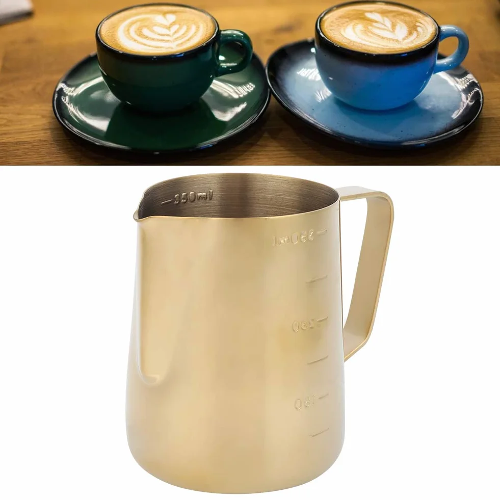 Dzbanek do spieniania, dzbanek do gotowania na parze, złoty kubek do spieniania mleka ze stali nierdzewnej, dzbanek ze skalą, do użytku domowego, kawy, latte, 350 ml