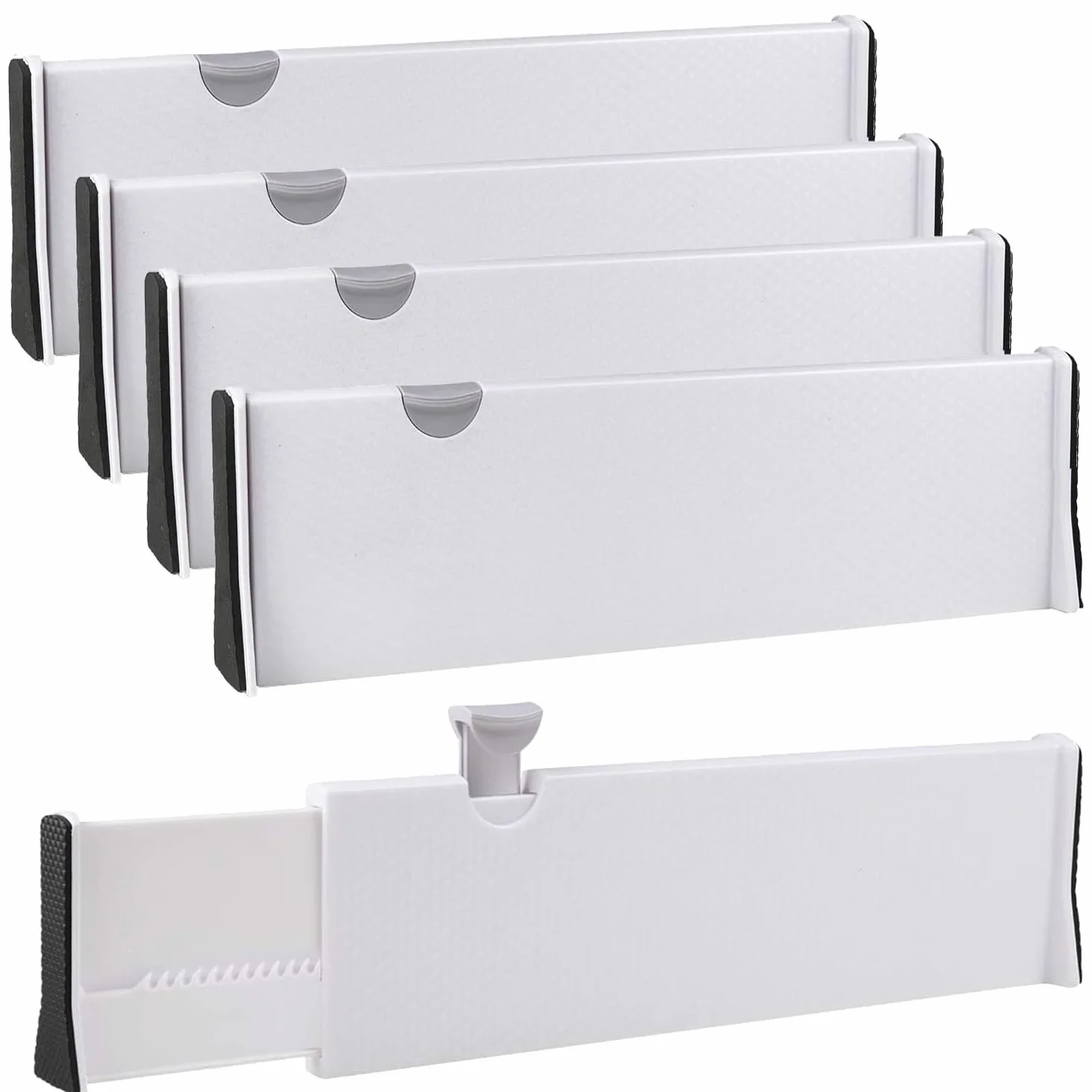 SENENQU Zestaw 4 separatorów szuflad kuchennych, regulowane, 33,2-55 cm, plastikowy rozdzielacz szuflad, wysokość - 12,7 cm, organizer do szuflad do kuchni, komody, łazienki, sypialni (biały)