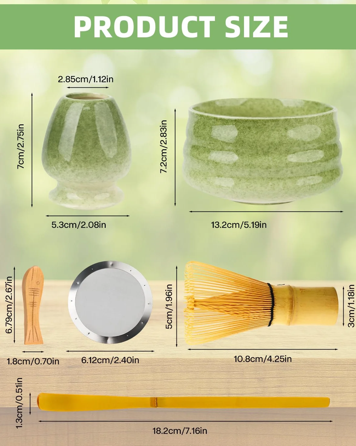 Zestaw Matcha - 5-częściowy zestaw japońskiej matchy, z miotłą, miską, uchwytem na łyżkę i sitkiem - zielony, japoński, ceramiczny, 5 szt