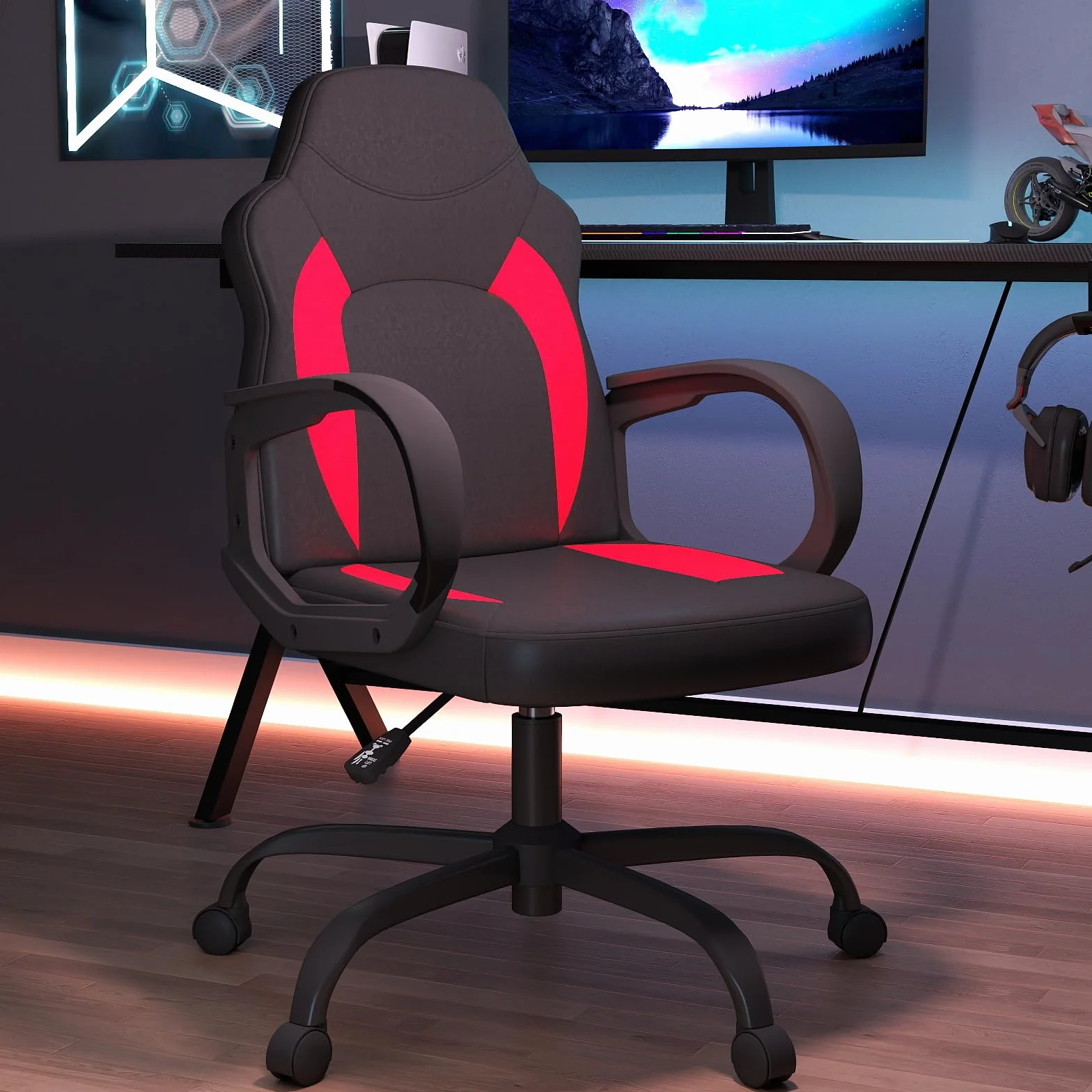 AnyGod Fotel do gier wideo, ergonomiczny fotel komputerowy z podparciem okolic lędźwiowych, kółka obrotowe z regulacją wysokości, do domu, biura dla dorosłych, młodzieży, dzieci i graczy, czerwony