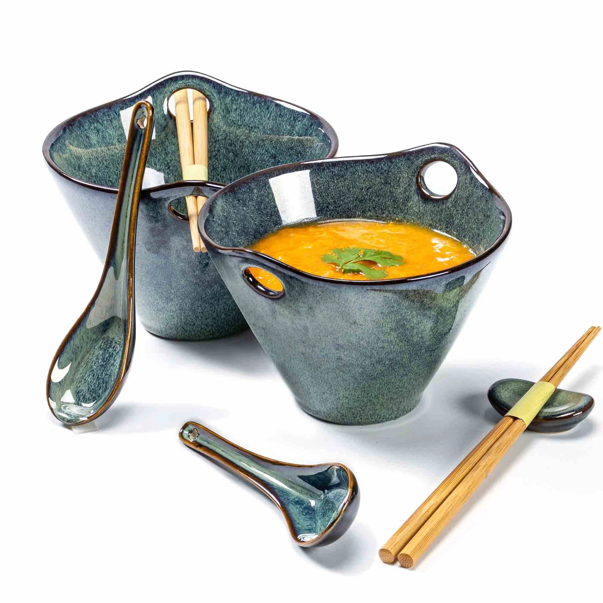 Ramen miska na zupę, zestaw misek na zupę wraz z pałeczkami i łyżeczkami, zielony zestaw ceramiczny dla 2 osób na zupę, ramen i miskę do sushi – 600 ml