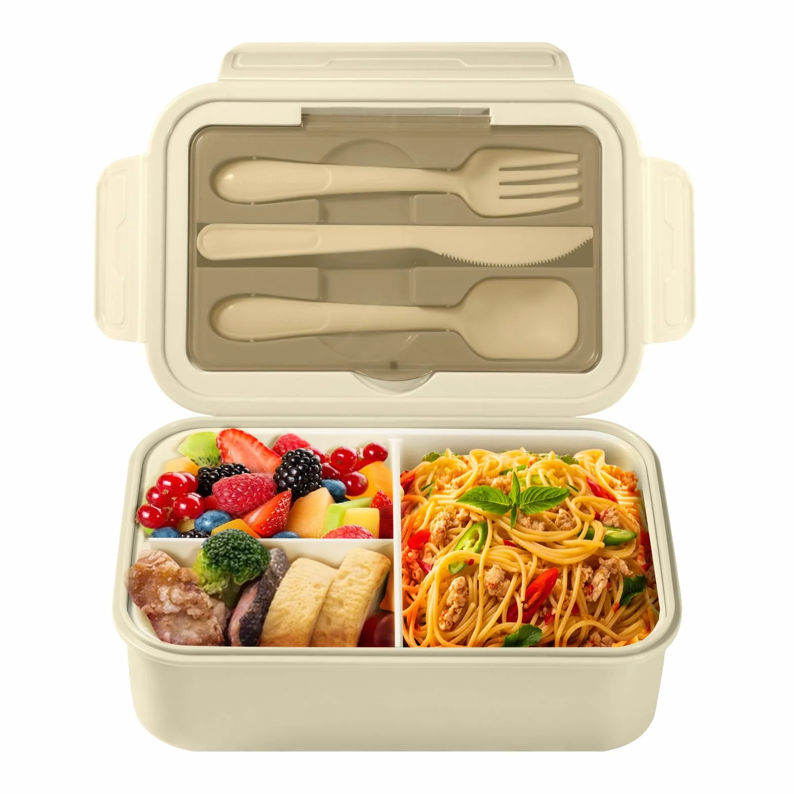 Diboniur Pudełko śniadaniowe, pudełko na lunch Bento dla dorosłych dzieci 1400 ml z 3 przegródkami, antyprzeciekające pudełko na lunch ze sztućcami, odpowiednie do kuchenki mikrofalowej, zmywarki,