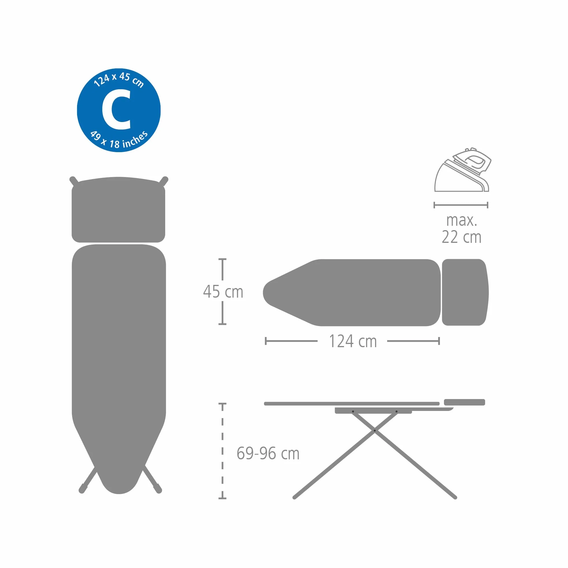 Brabantia Ironing Board Cover C 124x45 cm – Denim Black | 100% Cotton Top Layer with 8mm Foam Padding | Perfect Fit for Size C Ironing Boards | Durable, Washable, and Easy to Install