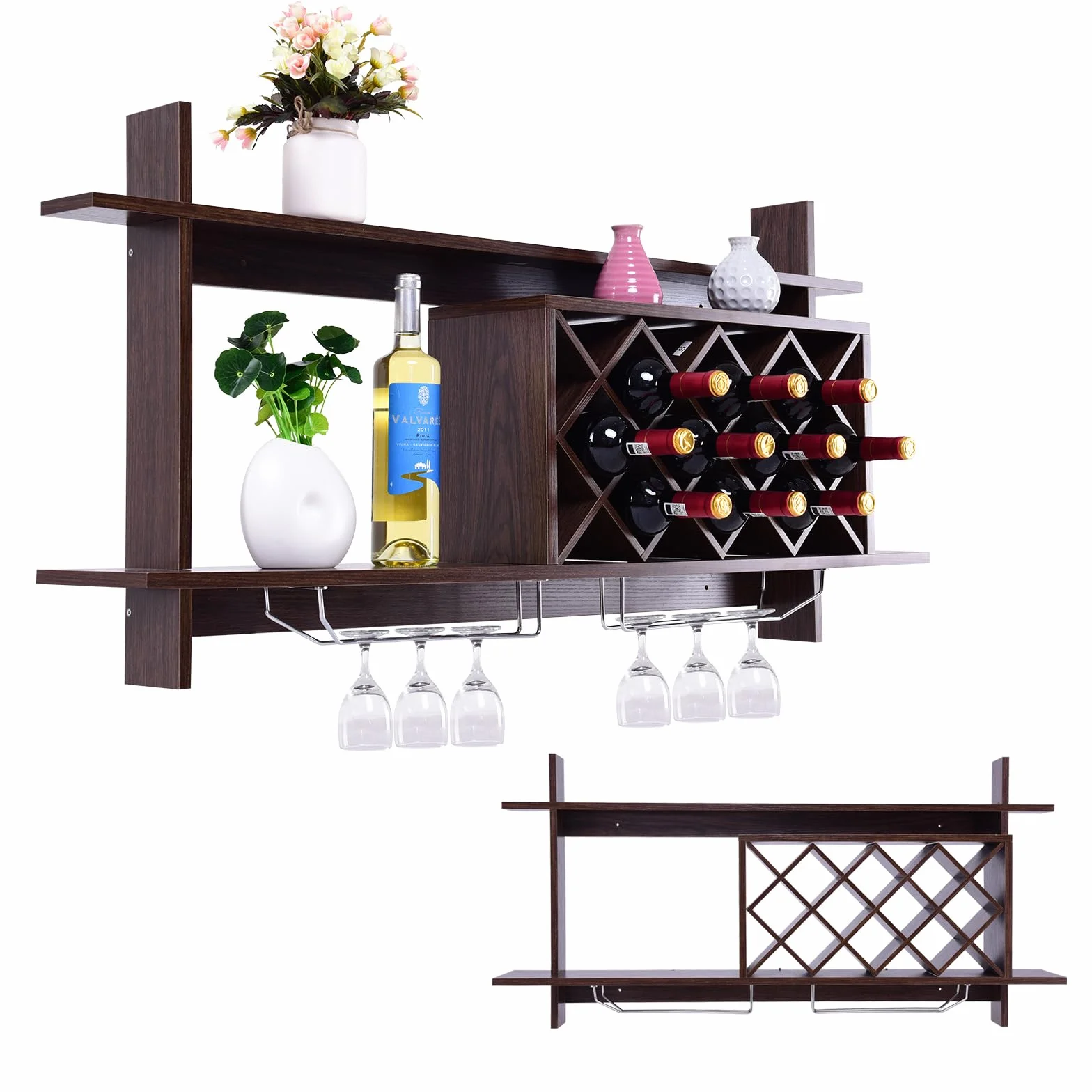 KOMFOTTEU Regał ścienny na 10 butelek, wiszący regał na wino z 2 uchwytami na kubki, uchwyt na butelki, montaż ścienny, 120 x 58 x 20 cm, drewniany regał do kuchni, piwnicy