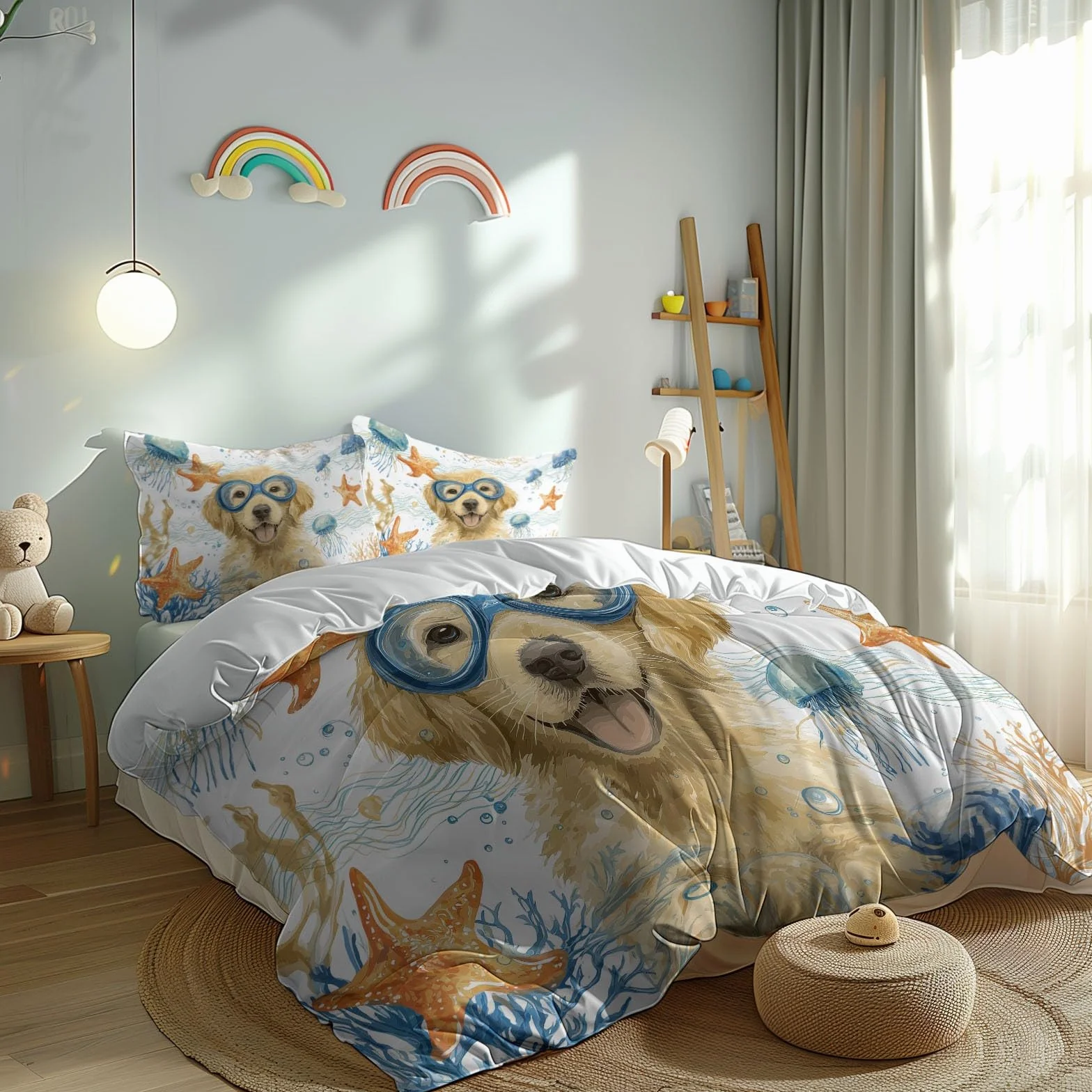 Poszewka na kołdrę abstrakcyjna ocean Golden Retriever, 260 x 220 cm, biała, 3-częściowa, z mikrofibry, wysokiej jakości, dla alergików, pościel dwustronna, z 2 poszewkami na poduszkę 80 x 80 cm