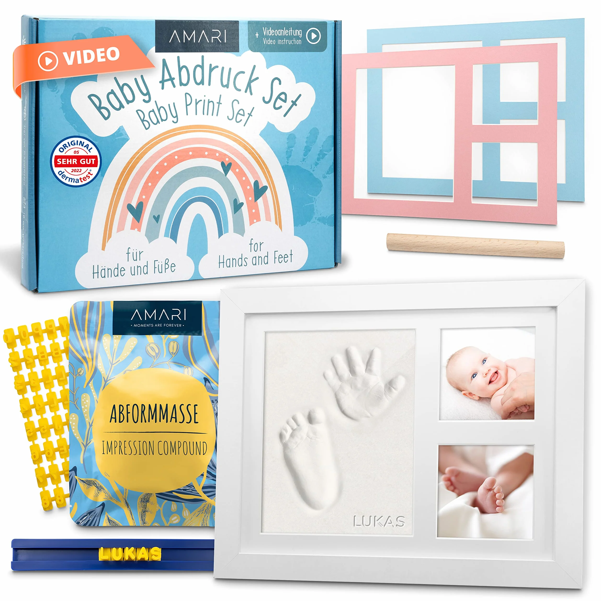 Amari Zestaw odciski gipsowe dla niemowląt z ramką na zdjęcia - prezent dla dziecka - baby shower (tęczowy)